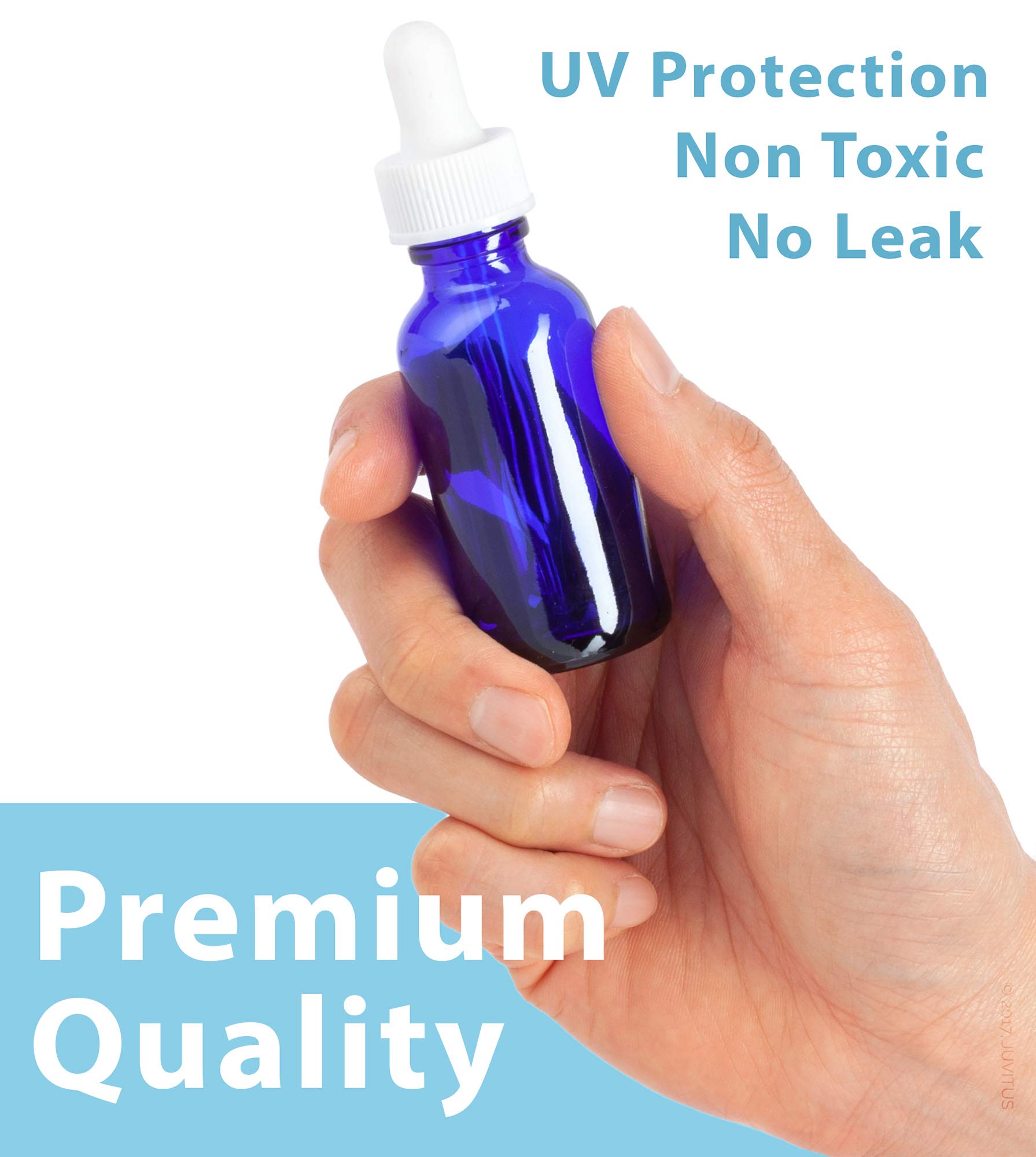 JUVITUS 6-Pack 1 oz Cobalt Blue Glass Boston Round Bottles with White Dropper Caps & Bonus Funnel - Essential Oil, DIY Beauty, and Travel-Sized Liquid Storage Solution