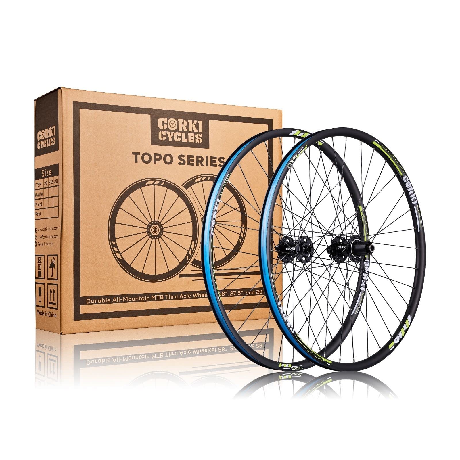 **Corki Cycles TOPO Mountain Bike Wheels - 26/27.5/29 Inch Aluminum Alloy Wheelset with Thru Axle & Dual Disc Brake (1.5-2.6 Inch Width) - Perfect for Trail Riding & Off-Road Adventures**