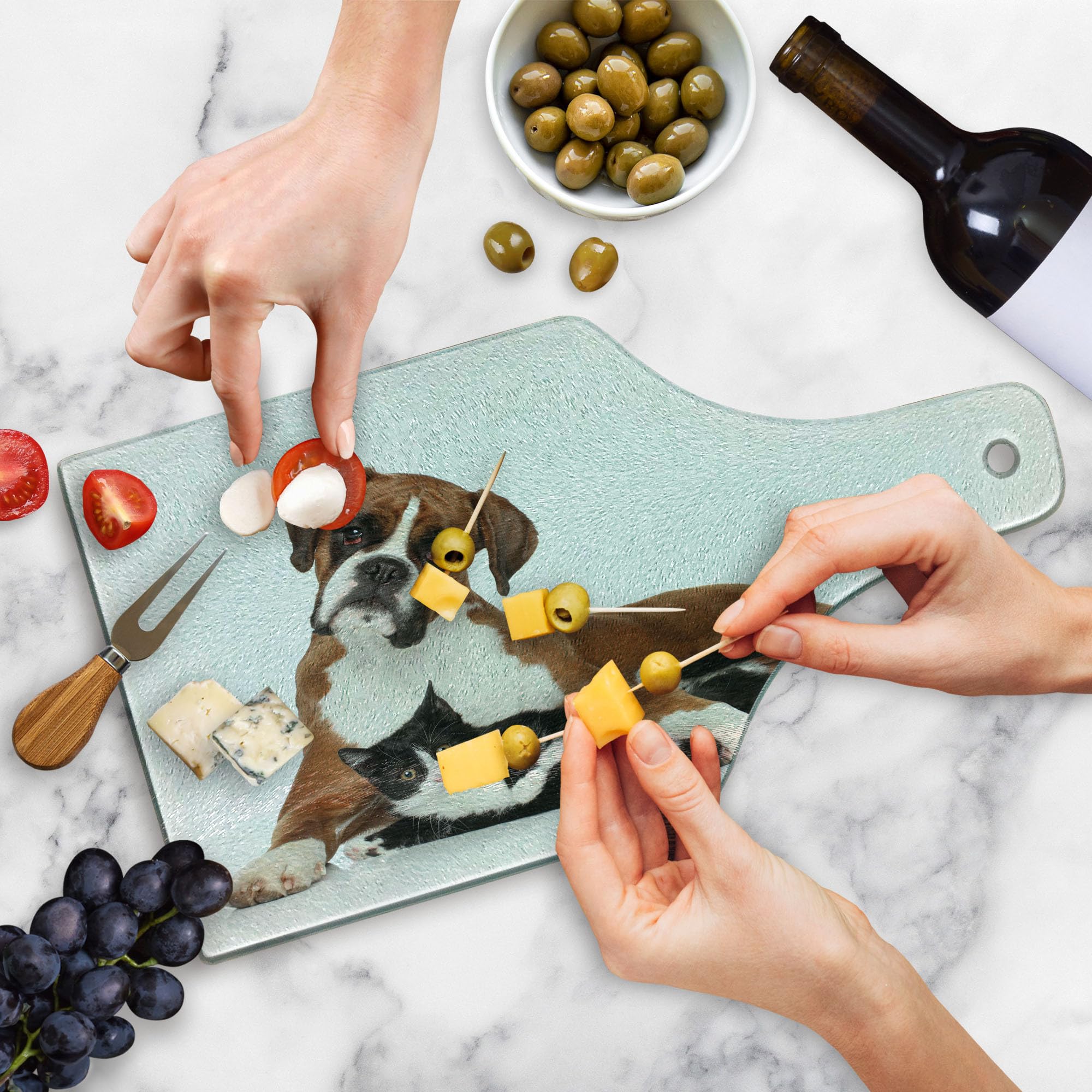 Ambesonne Animal Themed Tempered Glass Cutting Board - Cat and Dog Design, Wine Bottle Shape, Brown Black White - Perfect for Kitchen Use, Serving Charcuterie, Cheese, and Wine Pairing