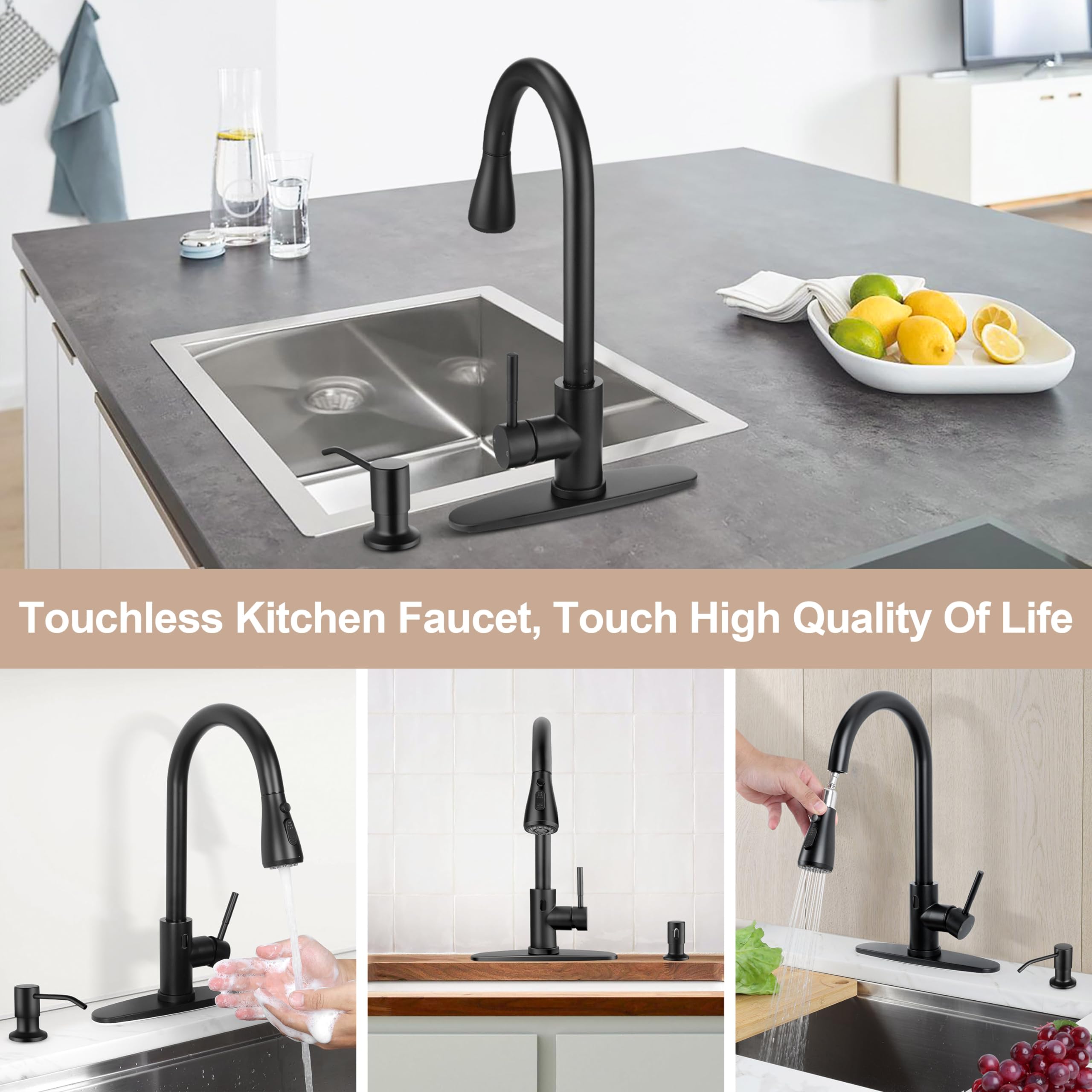Herogo Matte Black Touchless Kitchen Sink Faucet with Motion Sensor & Pull Down Sprayer - Smart Sensor Activated, Soap Dispenser Included - Perfect for Farmhouse, RV, and Modern Kitchen Sinks