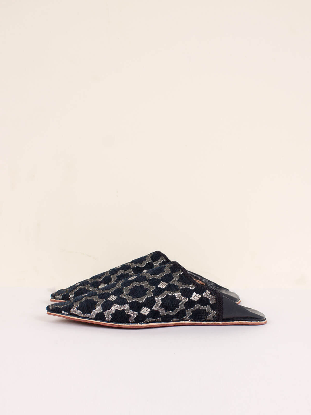 Moroccan Star Brocade Pointed Babouche Slippers - Black | Handmade Leather House Shoes for Women & Men | Perfect for Home, Lounge & Cultural Events