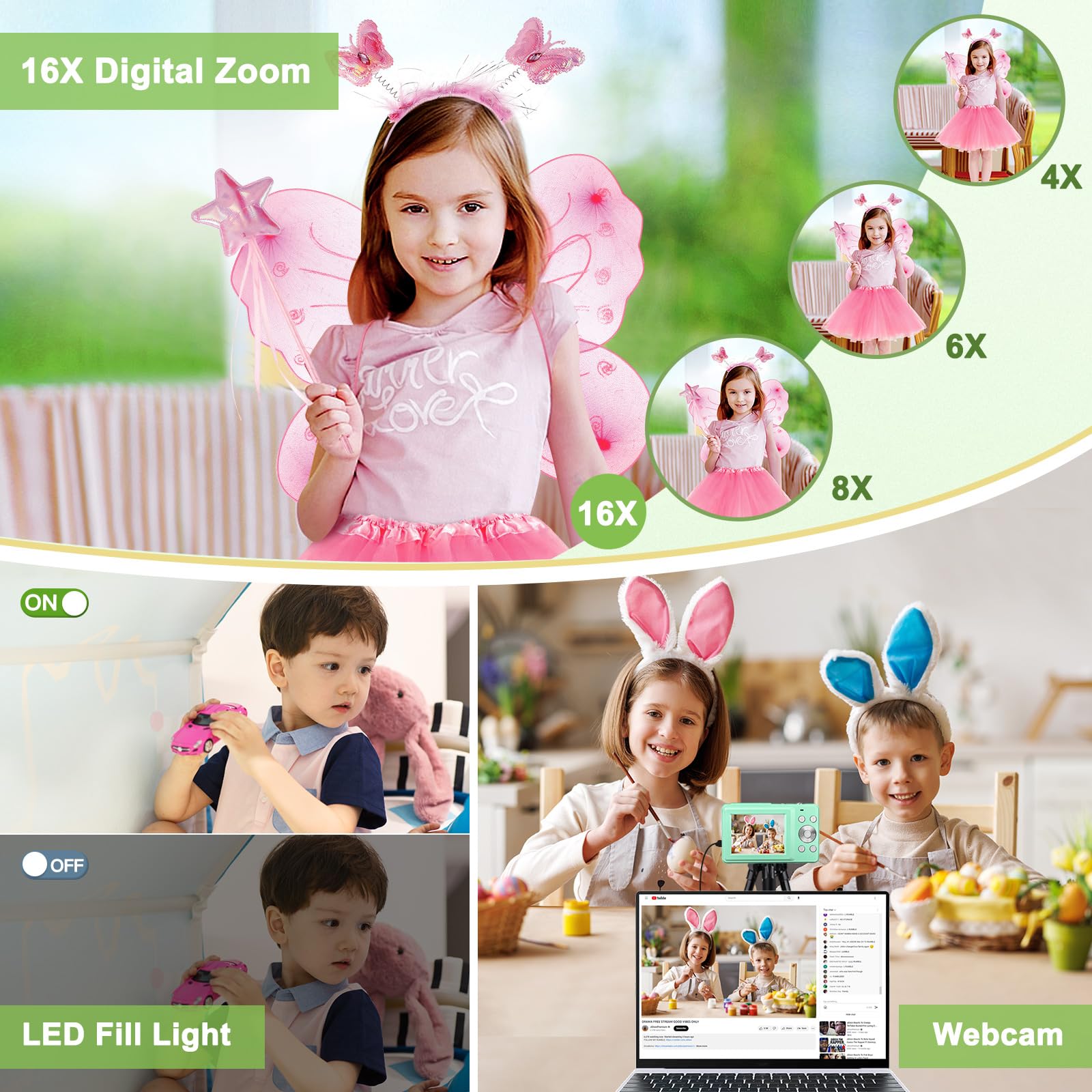 44MP 1080P Digital Camera with 16X Zoom & Image Stabilization - Compact Vlogging Camera with LED Fill Light for Kids, Teens & Beginners - Perfect for Travel, YouTube Videos & Family Events