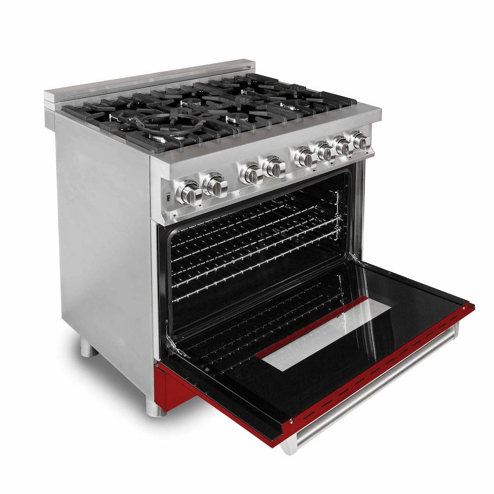 ZLINE 36 Inch Stainless Steel Dual Fuel Range with Red Gloss Door & Convertible Vent Hood - Complete Kitchen Package (2KP RARGRH36) - Perfect for Modern Kitchens, Home Renovations & Professional Chefs
