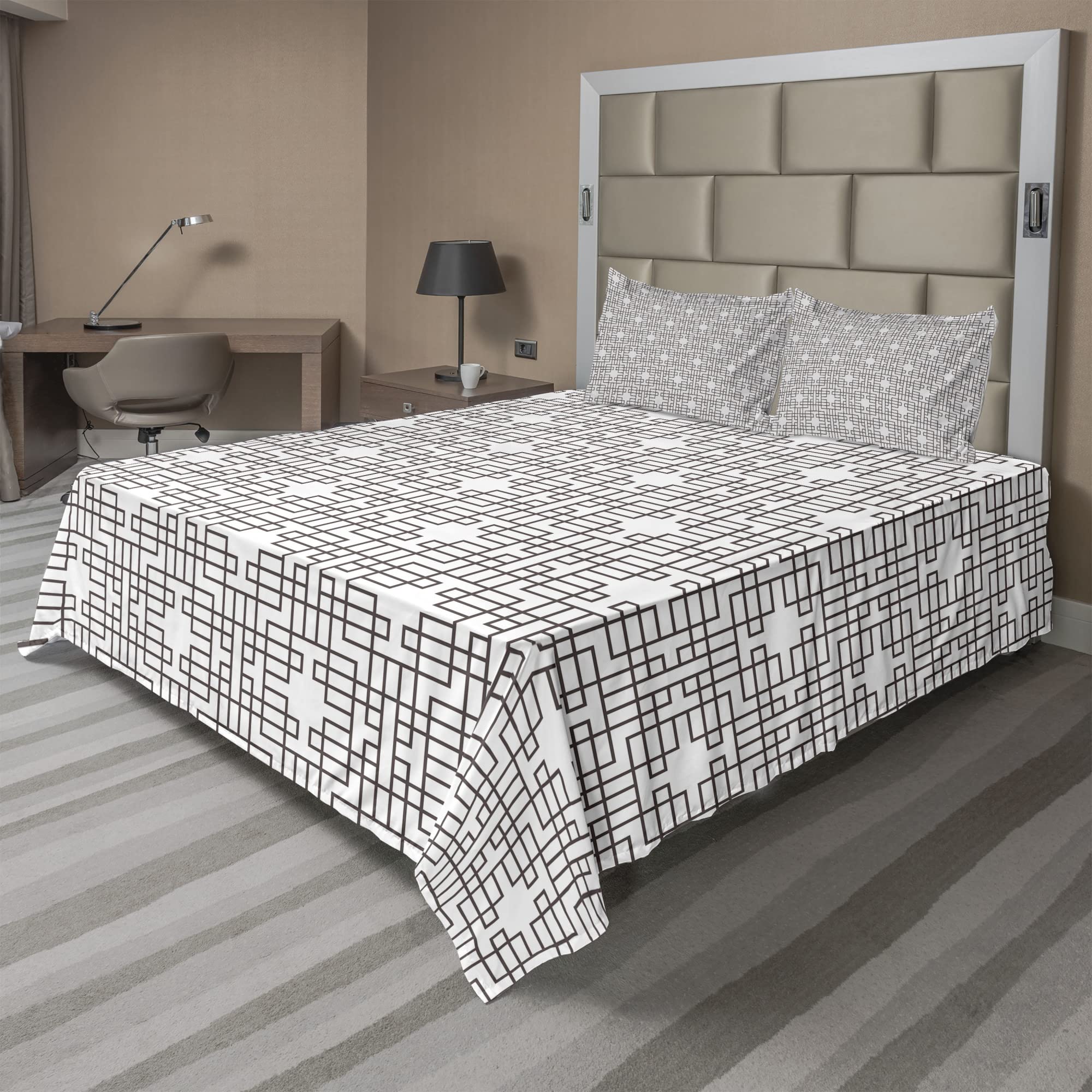 Ambesonne Geometric King Sheet Set - 4 Piece Bedding with Grid Style Eastern Pattern, Squares & Rectangles Print - Fitted & Flat Sheets + Pillowcases - Umber White | Perfect for Modern Bedrooms, Guest Rooms & Bohemian Decor