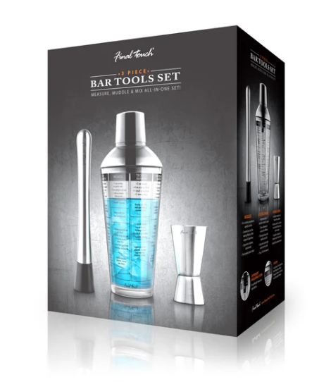 Final Touch 3-Piece Bar Tools Set - Cocktail Shaker, Jigger & Strainer - Premium Stainless Steel Bartender Kit for Home Bars & Professional Mixology