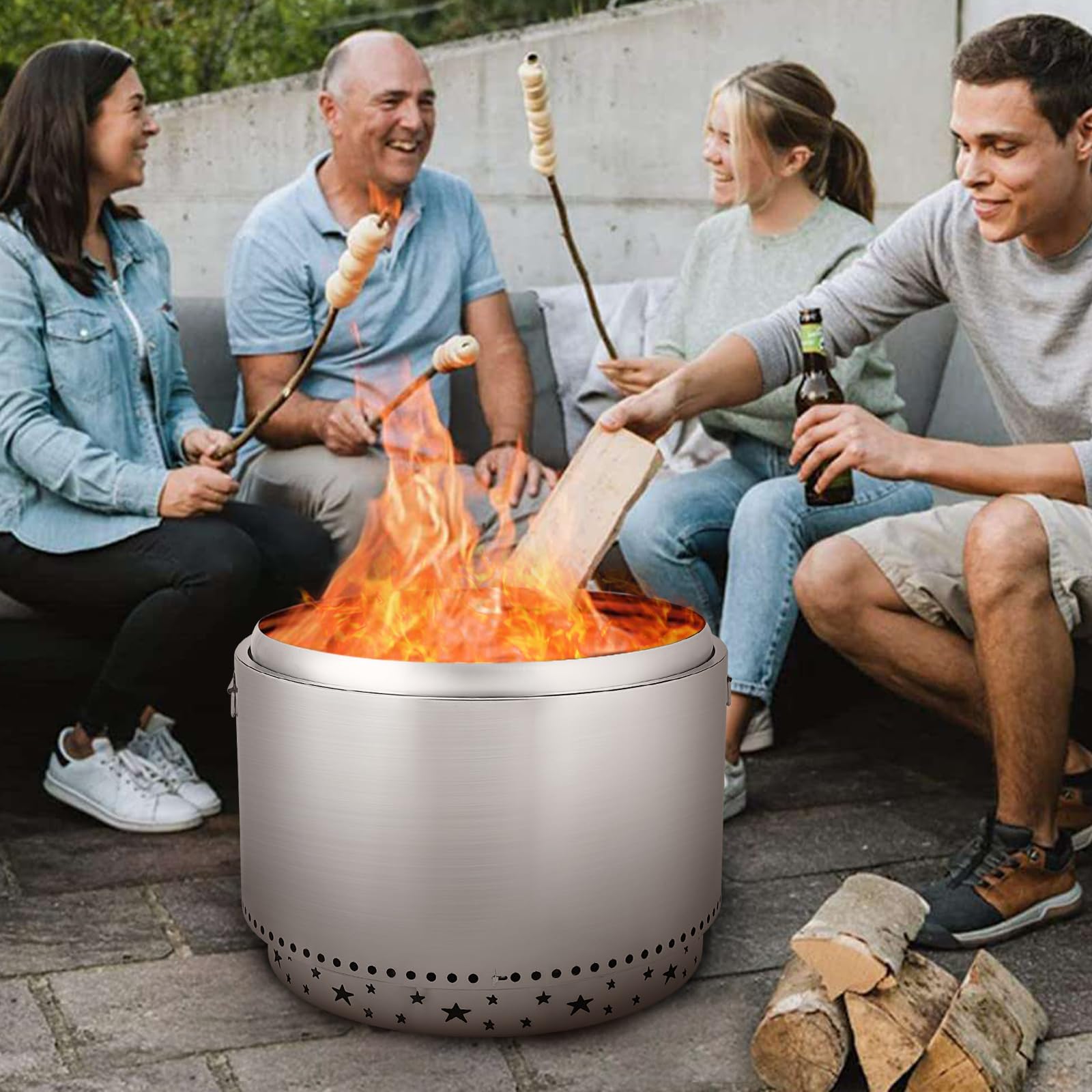 GARVEE 27 Inch Smokeless Fire Pit with Air Switch - Portable Stainless Steel Fire Pit with Handle, Fixed Stand & Stove Hook, Ash Pan - Perfect for Camping, Backyard, Patio, and Outdoor Gatherings