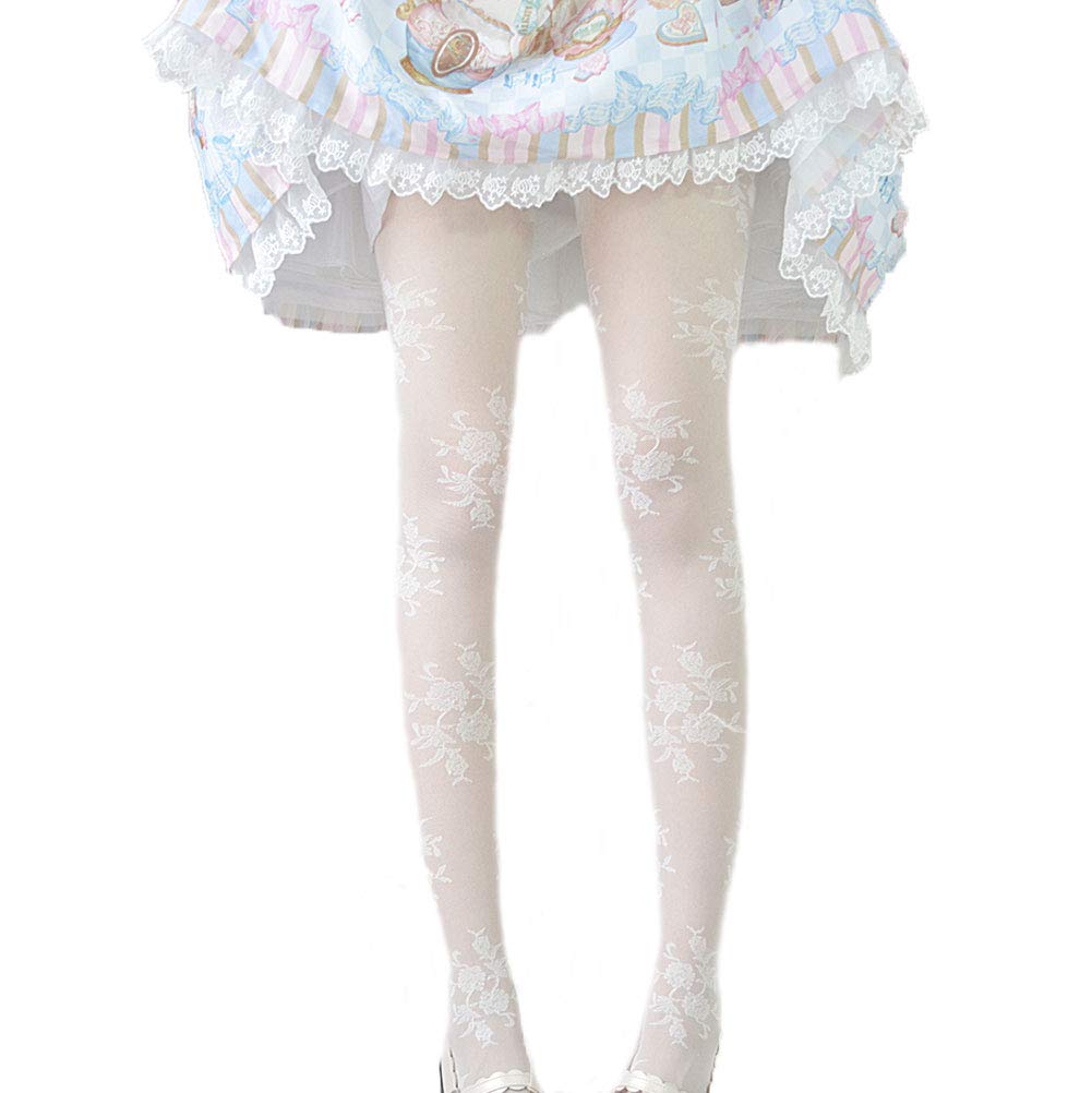 BLESSI Women's Lace Flower Pattern Thigh High Socks - White Lolita Style Knee High Stockings for Cosplay, Gothic Fashion & Kawaii Outfits