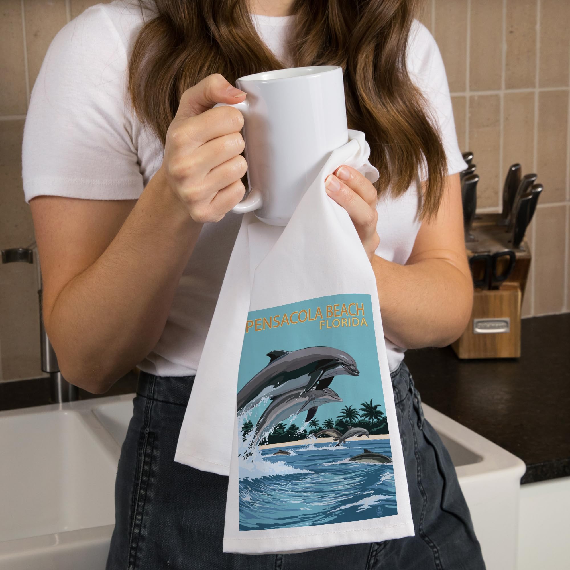 Lantern Press Pensacola Beach Florida Dolphins Jumping 100% Cotton Tea Towel - Decorative Hand Towel for Kitchen, Bathroom & Home Decor - Perfect for Dish Drying, Gift Giving & Coastal Themed Decor