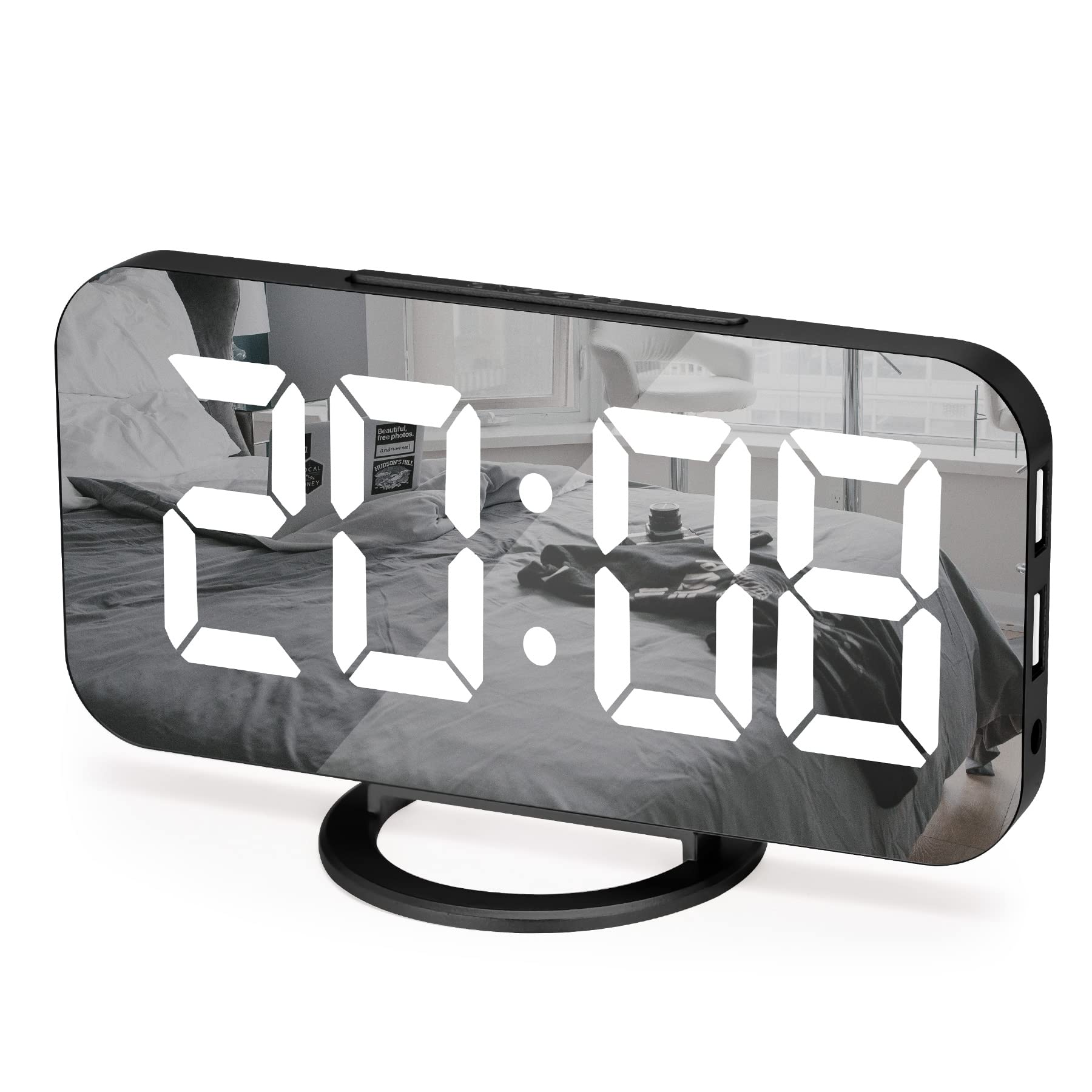 Digital Alarm Clock with LED Mirror Display - Dual USB Ports, 3-Level Brightness, Auto Dimming & Night Mode | Perfect for Bedroom, Home Office Decor (Black) | Ideal for Nightstand, Dorm Room & Gift Giving