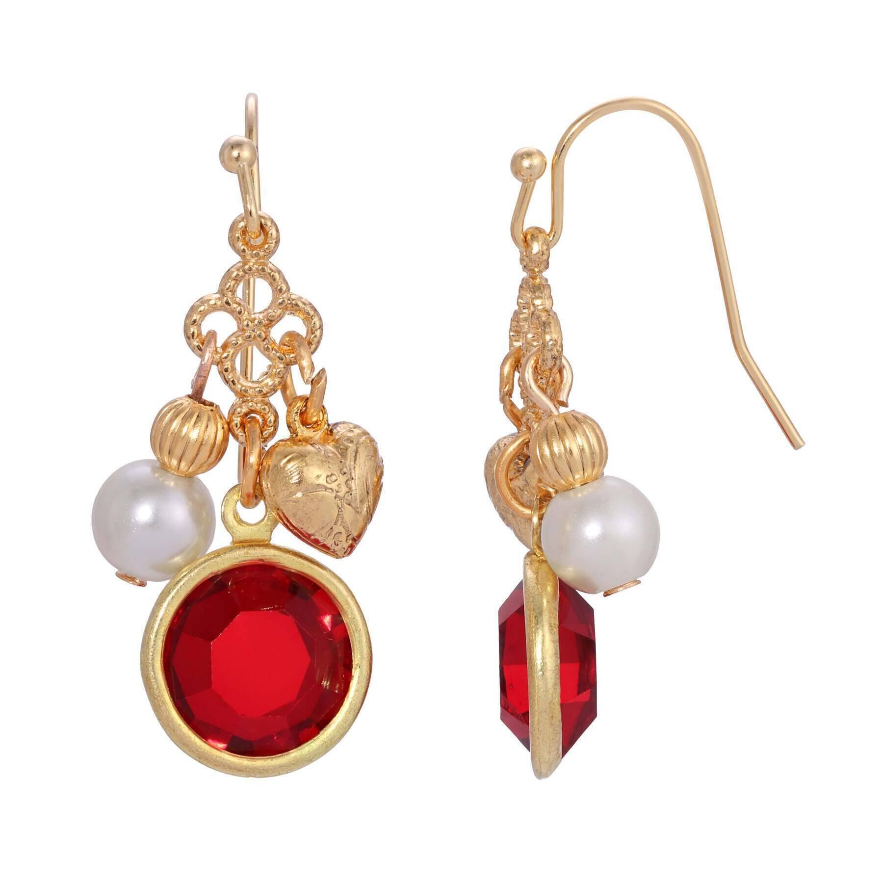 1928 Jewelry Channel Crystal Heart & Pearl Charm Dangling Earrings - Elegant Vintage Style Drop Earrings for Women - Perfect for Weddings, Parties, and Special Occasions