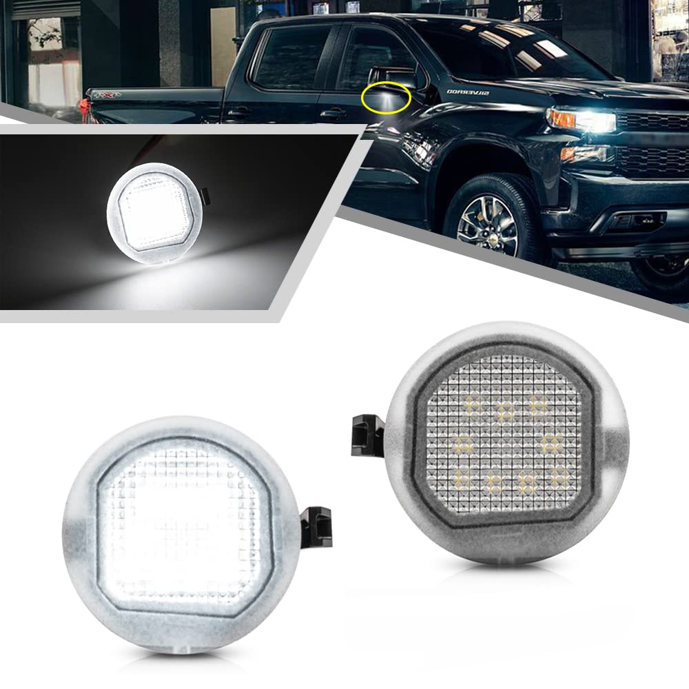 2Pcs White LED Under Side Mirror Puddle Light Lamps for Chevy Silverado GMC Sierra Yukon Escalade - Waterproof Durable Xenon White Lights - Perfect for Night Driving & Enhanced Vehicle Safety