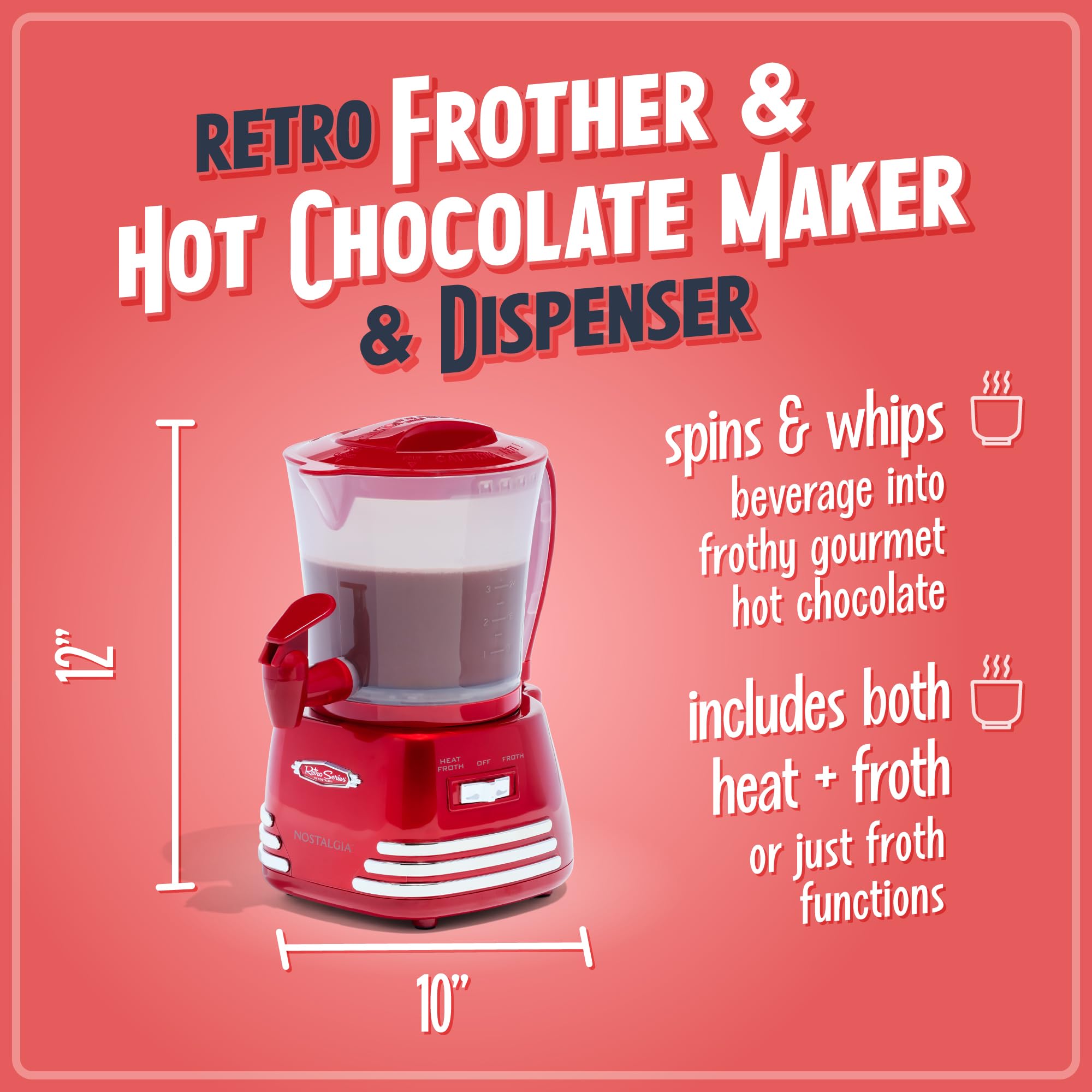 Nostalgia Retro Electric Milk Frother and Hot Chocolate Maker with Dispenser - 32 Oz Capacity for Coffee, Lattes, Cappuccinos - Perfect for Home Cafes, Office Break Rooms, and Holiday Gift Giving