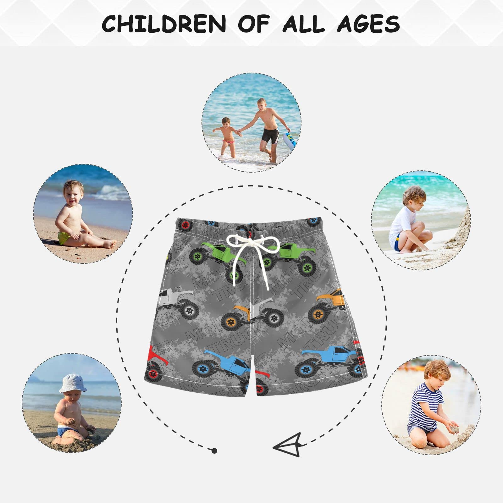 Monster Track Boys Swim Trunks | Quick-Dry Toddler Bathing Suits for Kids & Teens 2T-14 | Beach, Pool & Summer Water Activities