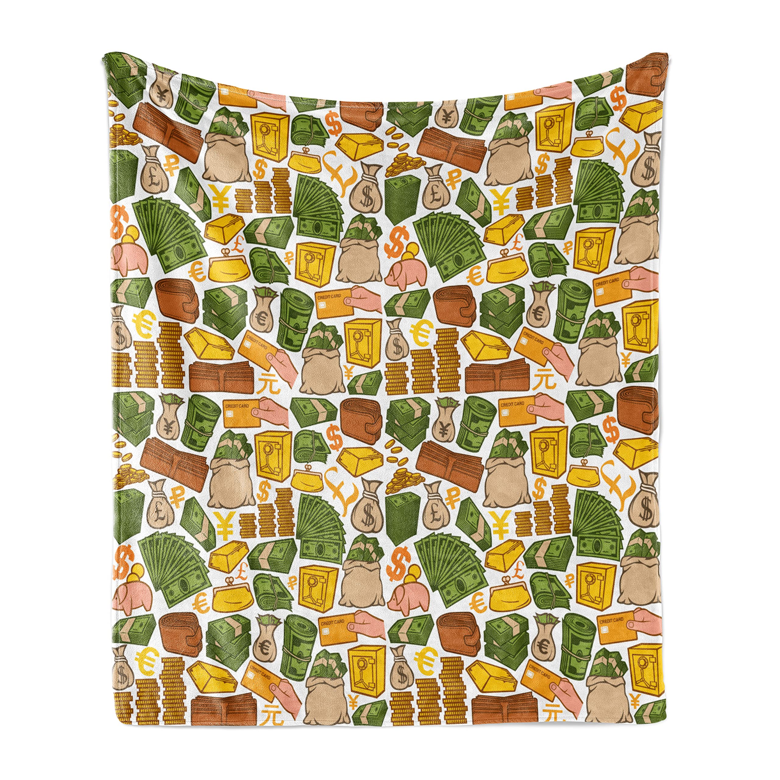 Ambesonne Money Print Throw Blanket - Colorful Dollar, Pound & Credit Card Design - Soft Flannel Fleece Blanket for Couch, Sofa & Bed - 50