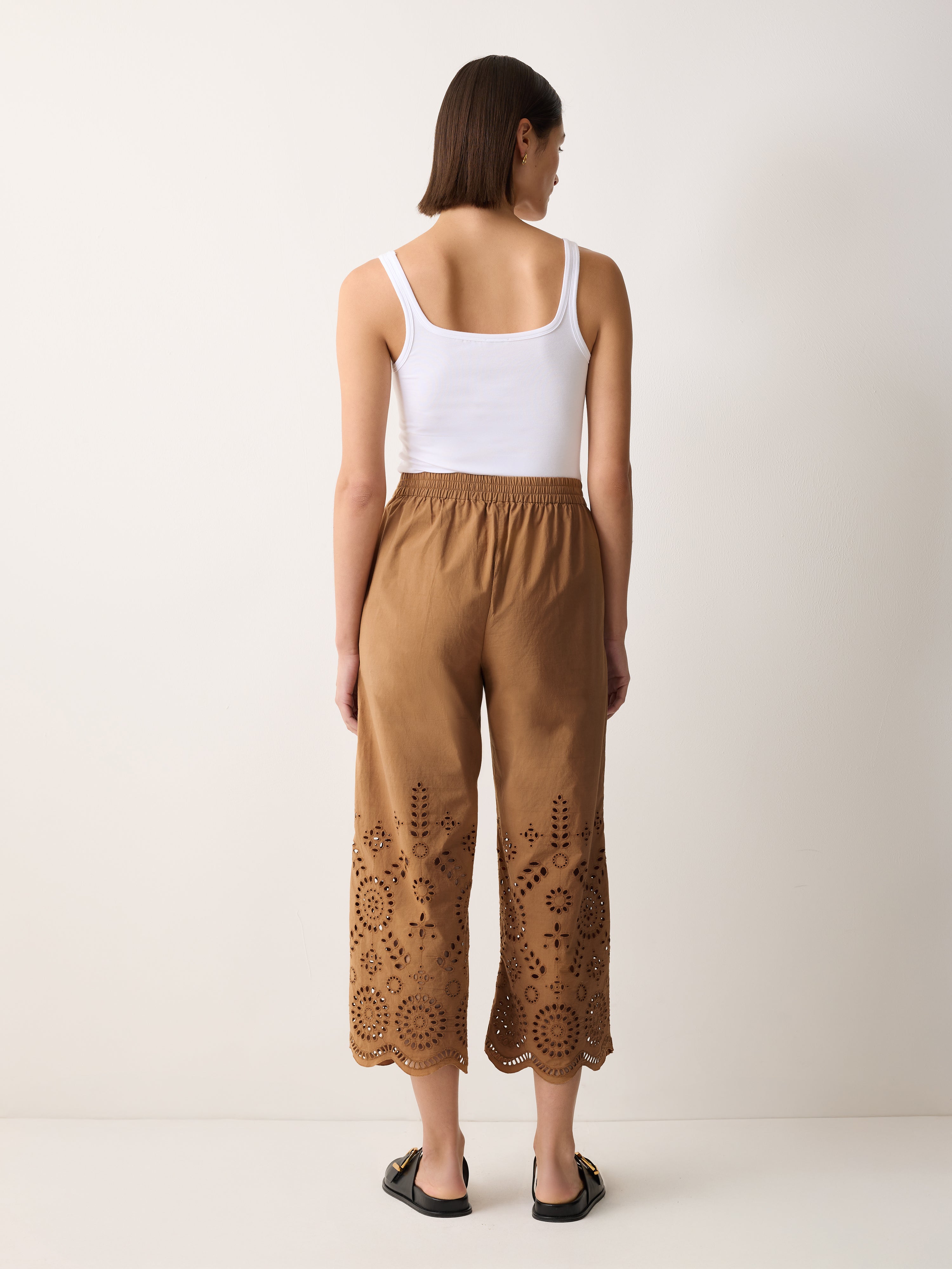 Elegant Broderie Embroidered Trousers in Camel Color - Perfect for Casual Outings, Office Wear, and Special Occasions