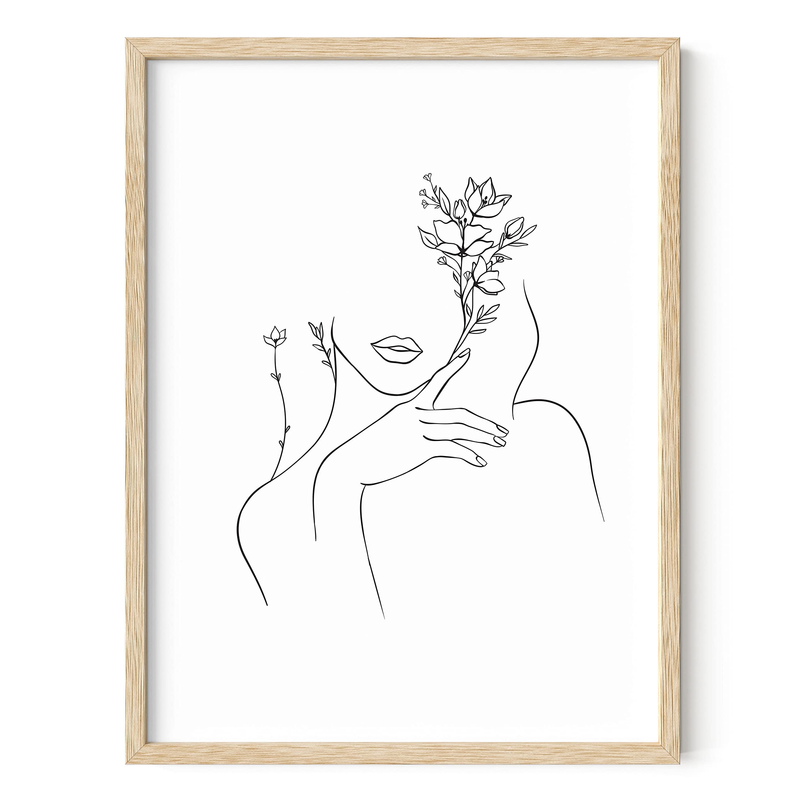 HAUS AND HUES Minimalist Line Art Wall Decor - Silhouette Poster, Modern Female Figure Flower Feminist Art, Woman Line Drawing with Floral Design (Black Frame, 12x16) - Perfect for Living Room, Bedroom, Office & Gift Giving