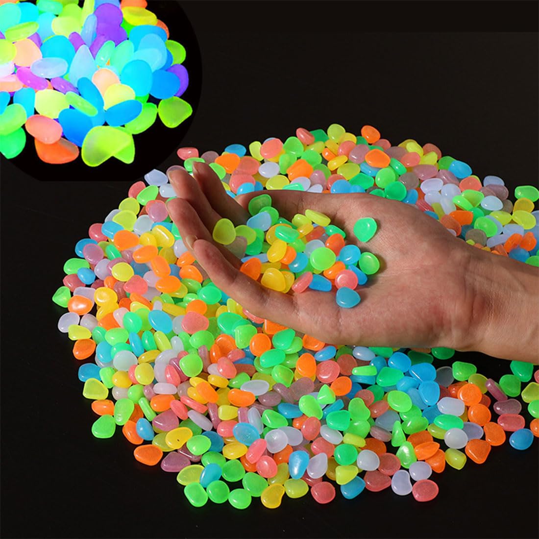 1000Pcs Glow in The Dark Stones - Rainbow Pebbles for Aquarium, Fish Tank, Garden, Lawn & Walkway Decoration | DIY Plant Pots, Outdoor & Indoor Use