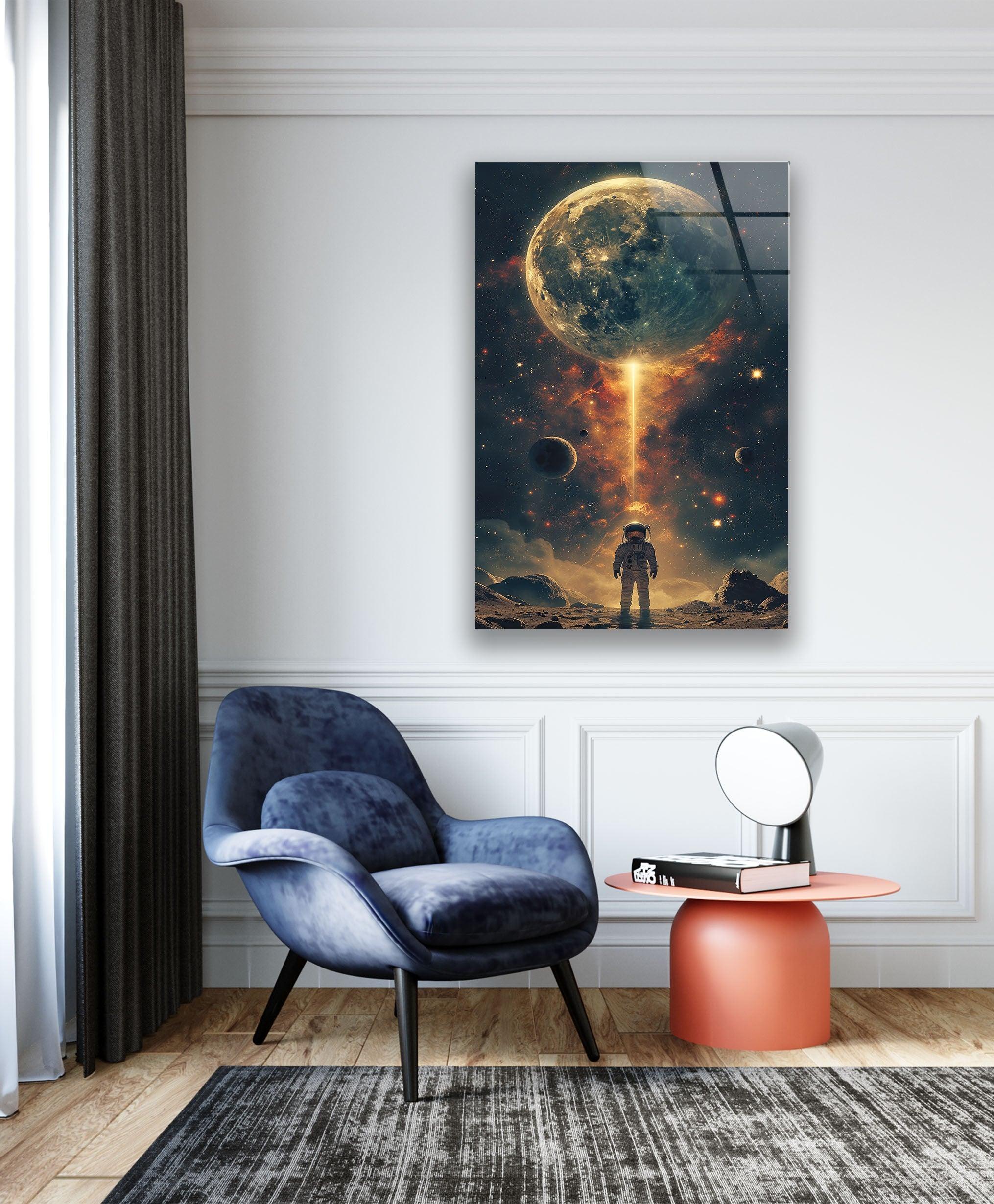 NASA Astronaut Walking on Moon Glass Wall Art - Space Themed Home Decor for Living Room, Bedroom & Office