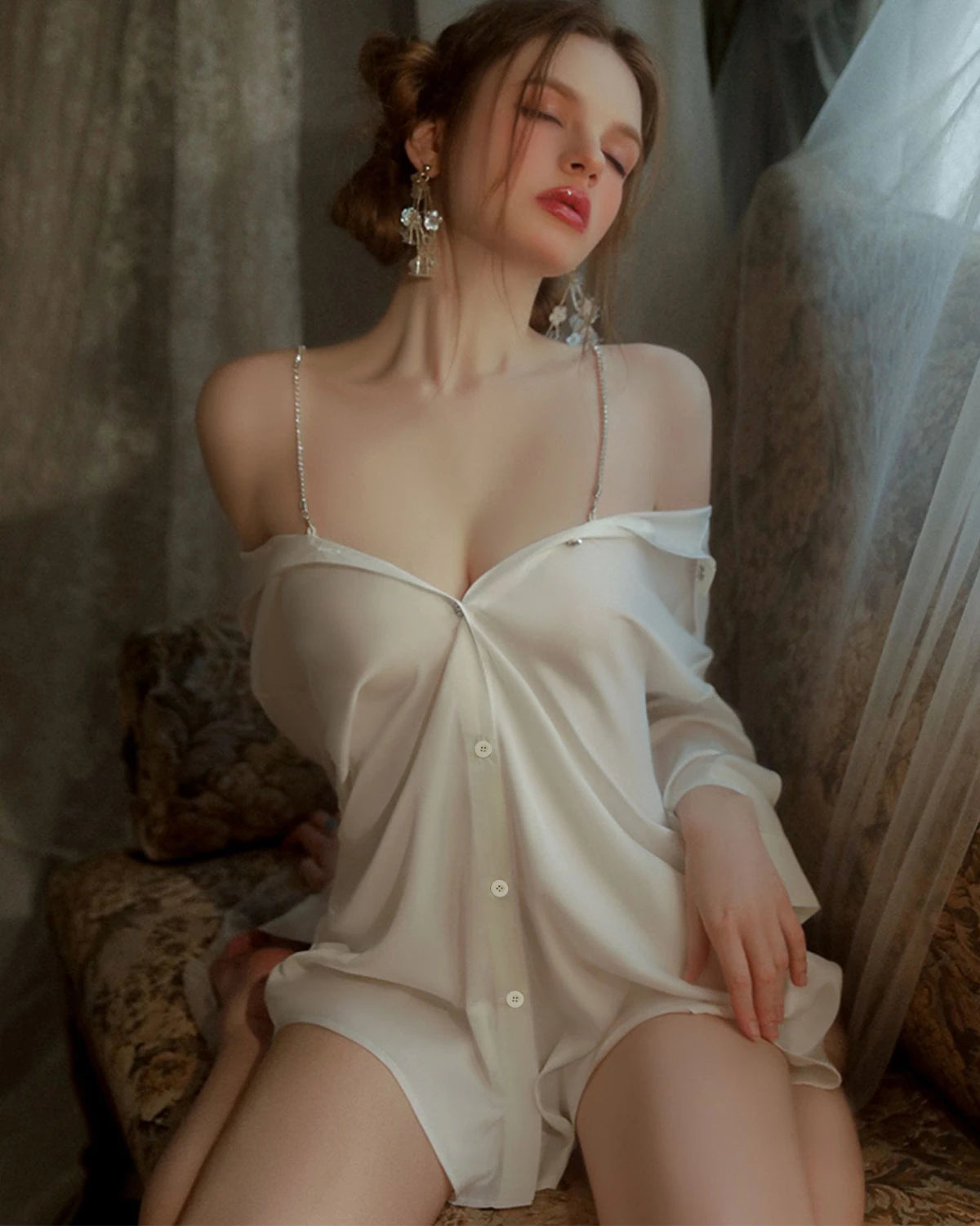 Elegant Off Shoulder Crystal Strap Silk Shirt Nightgown - Women's Luxury Sleepwear for Special Occasions & Romantic Evenings