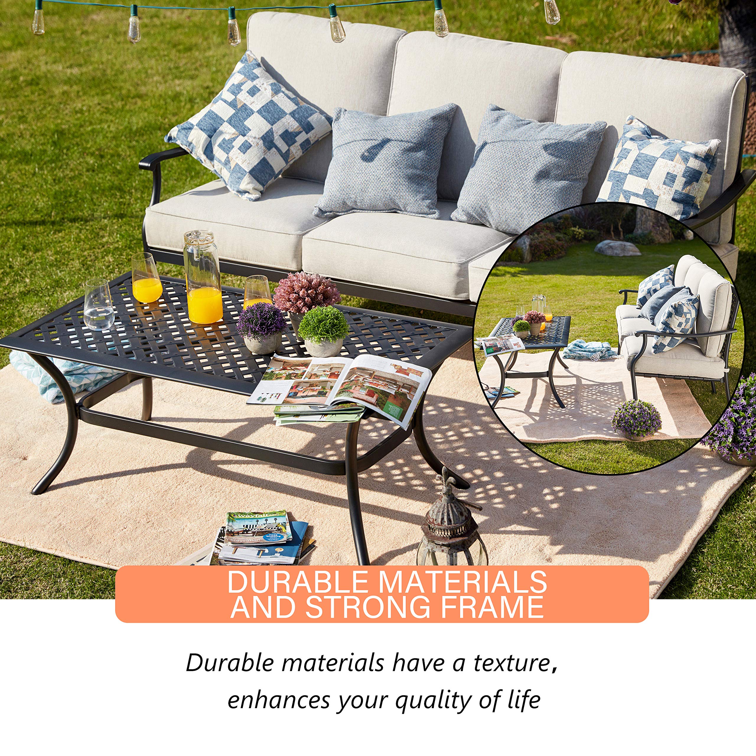 LOKATSE HOME 3-Seat Metal Outdoor Loveseat Bench with Coffee Table - Patio Bistro Set for Garden, Yard, Poolside, Porch or Lawn - Beige - Perfect for Relaxing, Entertaining Guests and Outdoor Dining