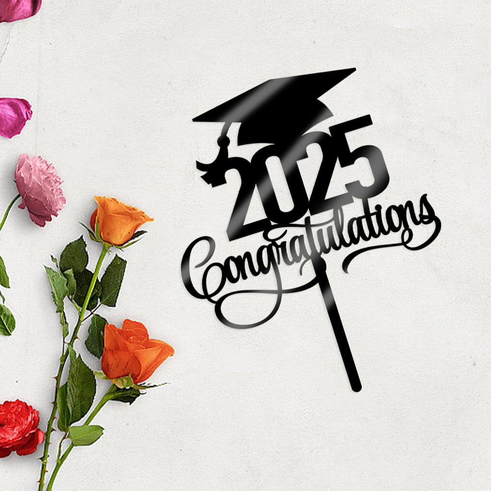 2025 Graduation Cake Topper - Acrylic Black Congratulations Grad Decor for High School & College Graduation Parties - Perfect for Graduation Cakes, Cupcakes & Dessert Tables - Class of 2025 Graduation Decorations