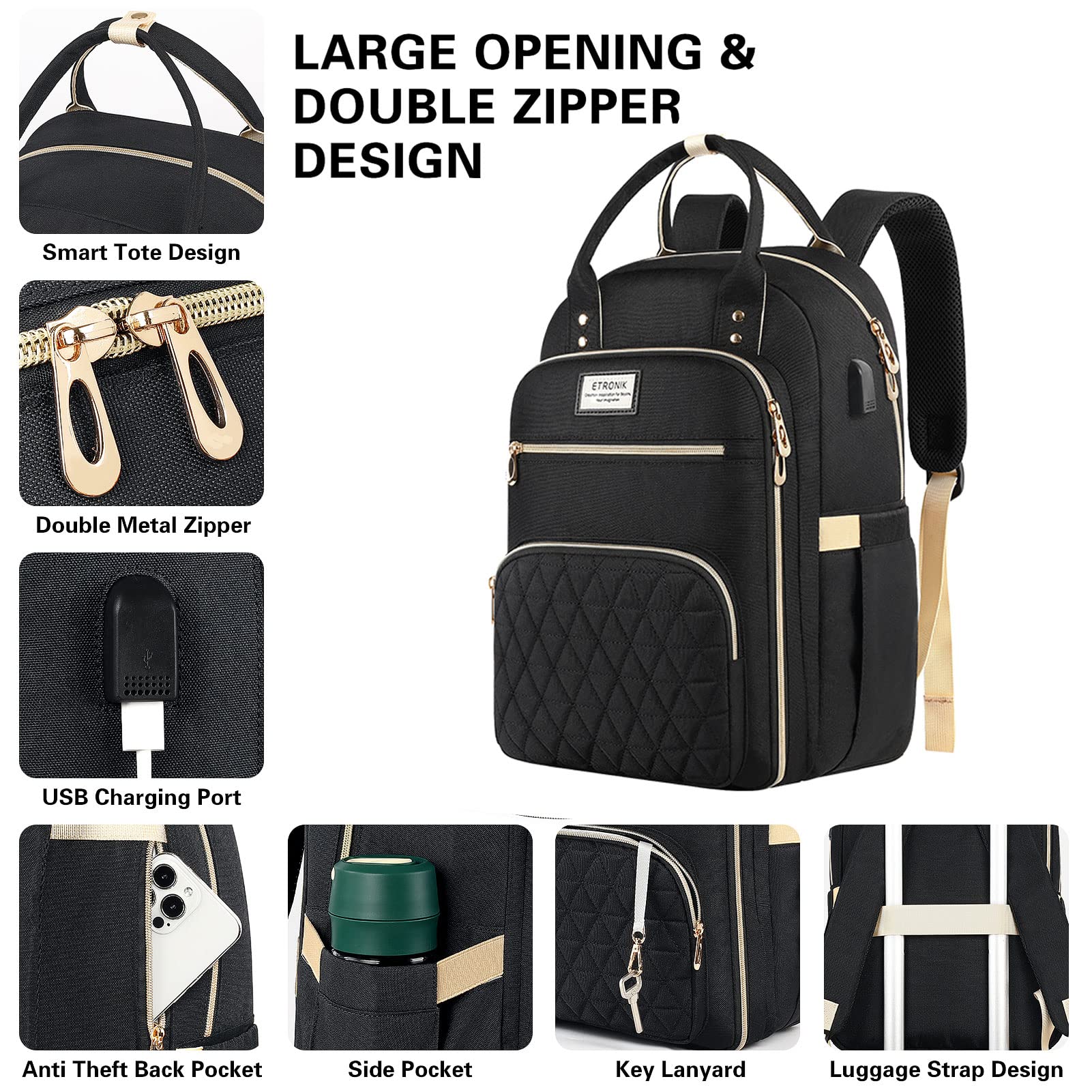 ETRONIK 17.3 Inch Laptop Backpack for Women & Men with USB Charging Port & Insulated Lunch Cooler - Waterproof Travel Backpack for Work, School, Nursing, Teaching - Perfect Commuter & Business Gift (Black)