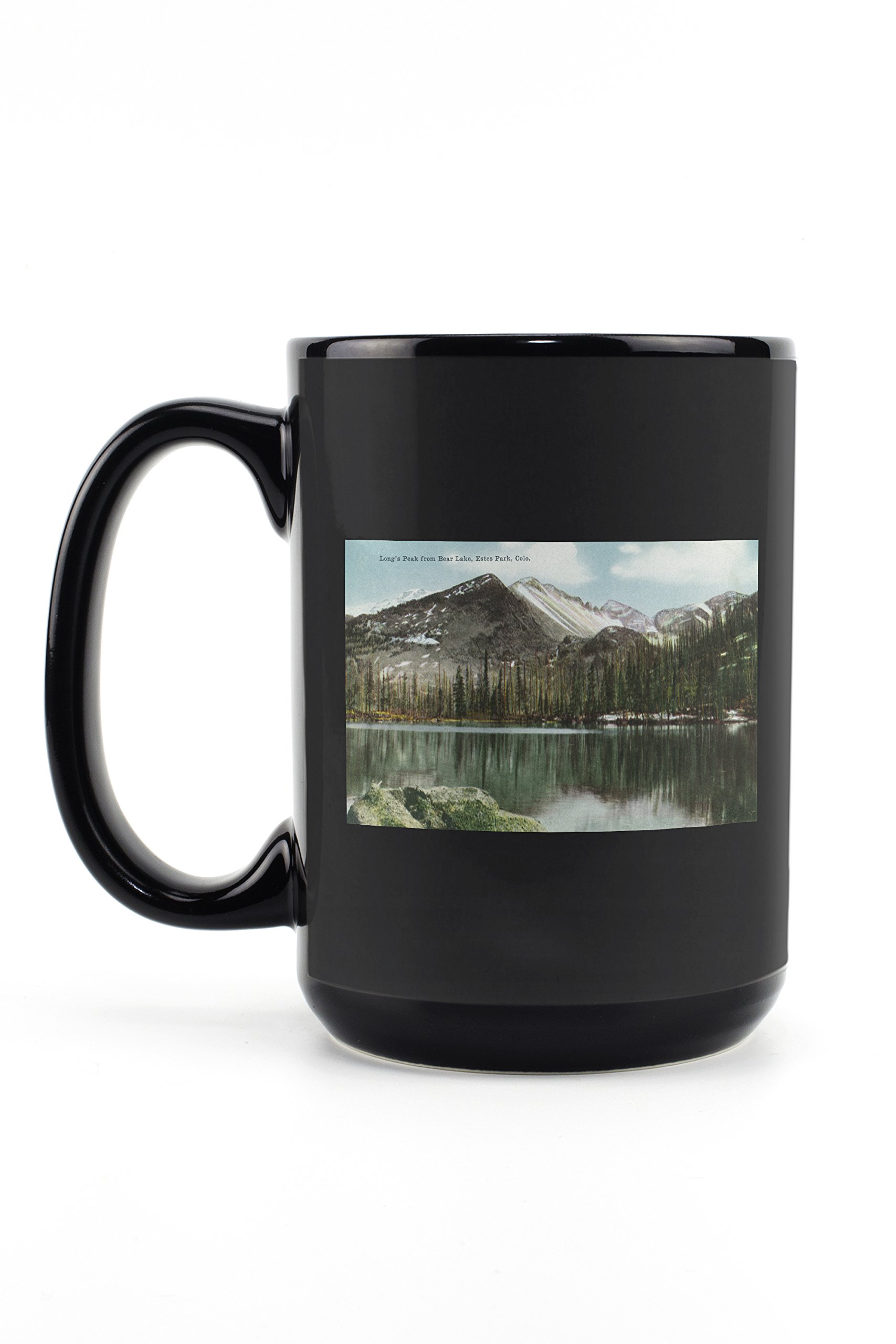 Vintage Rocky Mountain National Park Poster Mug - 15oz Black Ceramic Coffee & Tea Cup with Bear Lake View of Long's Peak - Estes Park Inspired Design - Dishwasher & Microwave Safe - Perfect for Camping, Hiking & Outdoor Enthusiasts