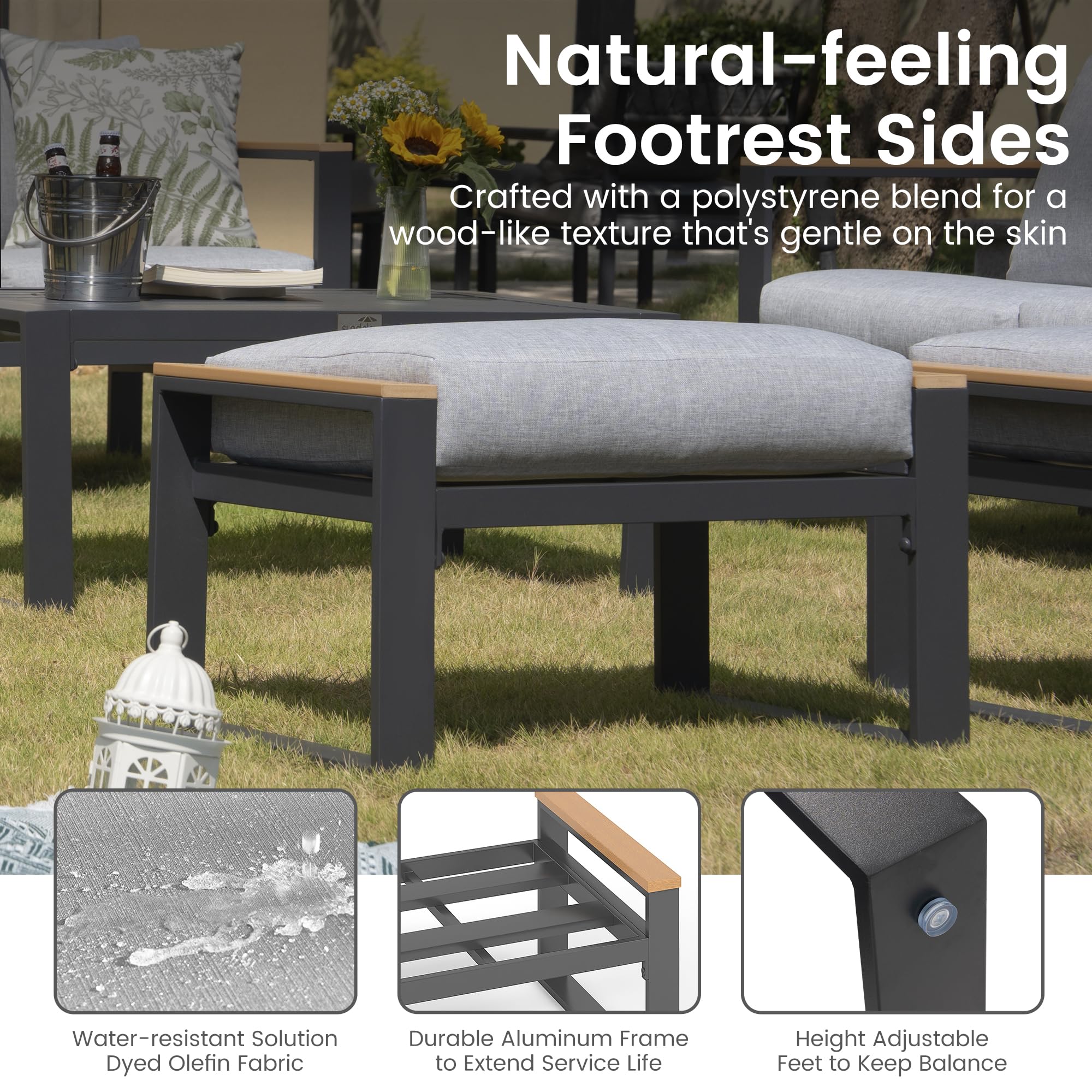 Sundale Outdoor 2-Piece Aluminum Patio Ottoman Set with Sandwich Foam Cushions - Waterproof Olefin Fabric Footstool, Small Metal Outdoor Chairs for Deck, Backyard, Porch, Garden - Perfect for Relaxing & Lounging (Grey)