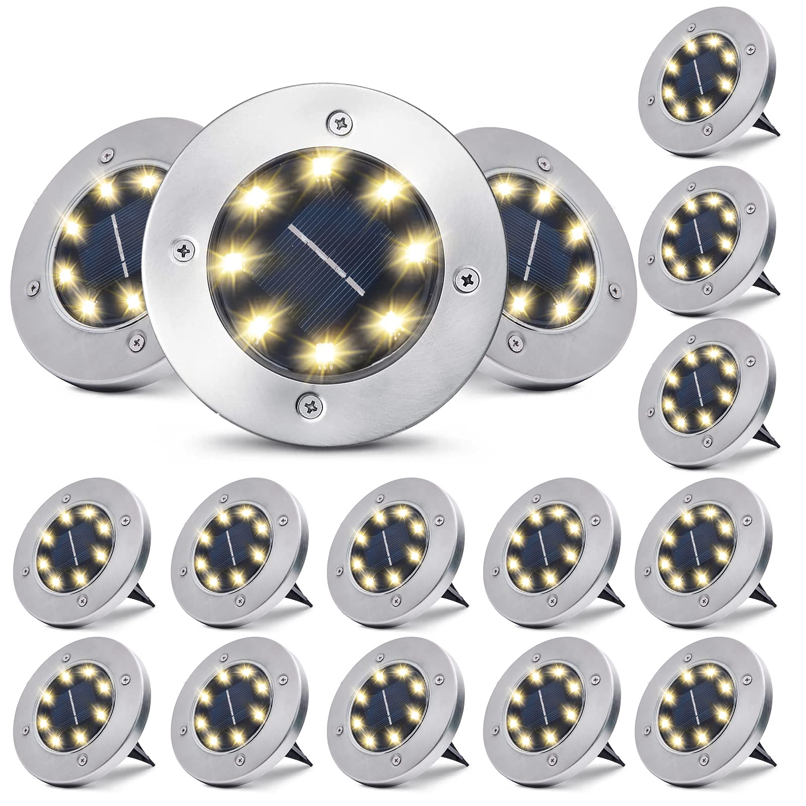 16 Pack Solar Ground Lights - 8 LED Waterproof Garden Lights for Lawn, Pathway, Yard, Driveway (Warm White) | Outdoor Landscape Lighting