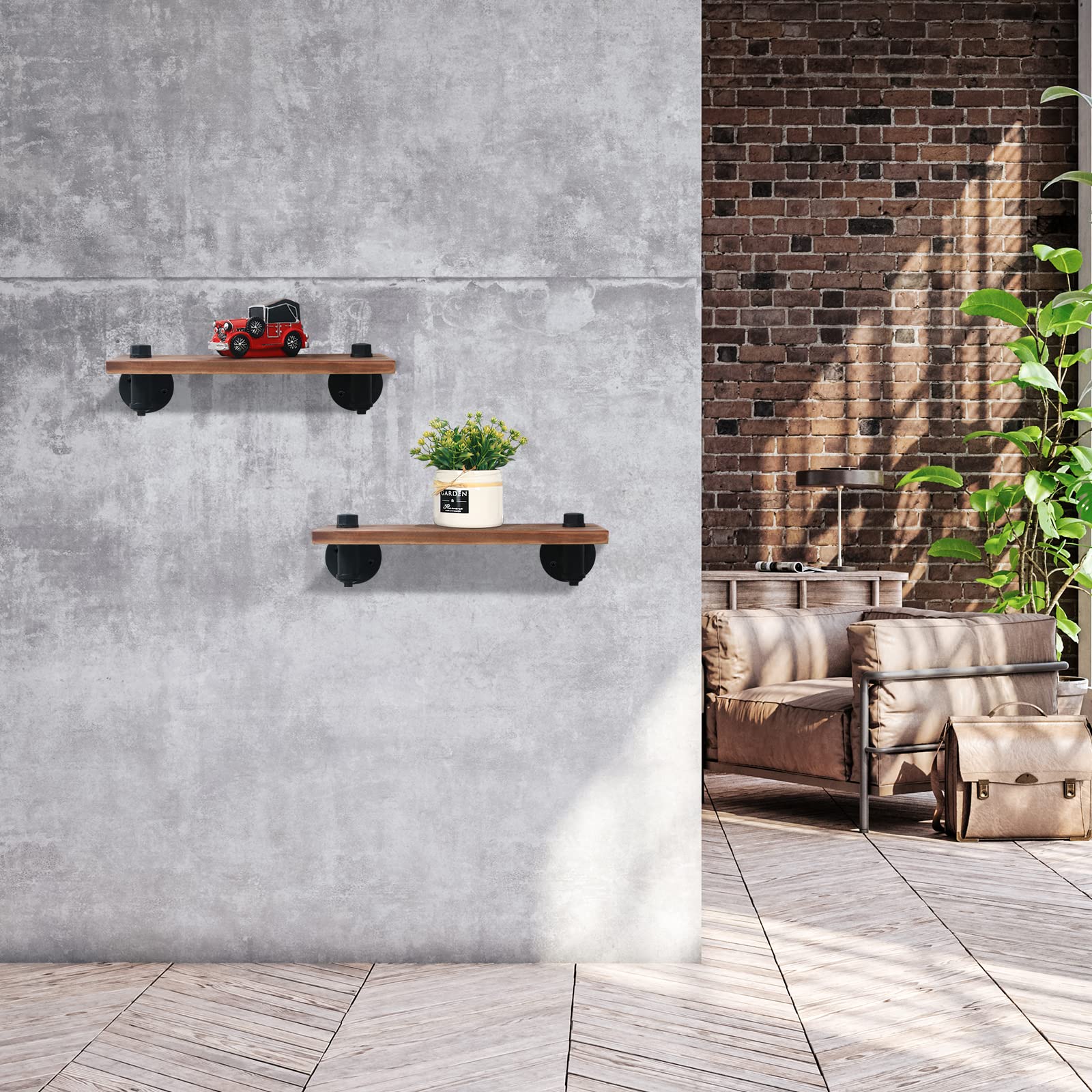 HouseAid Industrial Pipe Floating Shelves - Rustic Farmhouse Wall Mounted Shelf Set (2 Pack) - Matte Black Metal Pipe Shelves for Living Room, Bedroom, Bathroom & Kitchen Storage - Perfect for Displaying Books, Plants & Home Decor