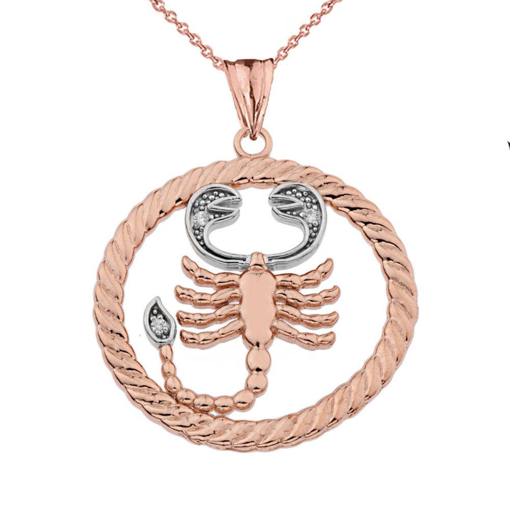 10k Rose Gold & White Gold Diamond Scorpio Zodiac Pendant Necklace - Dainty Rope Chain Charm Jewelry for Women - Perfect Birthday Gift & Everyday Wear for Zodiac Lovers
