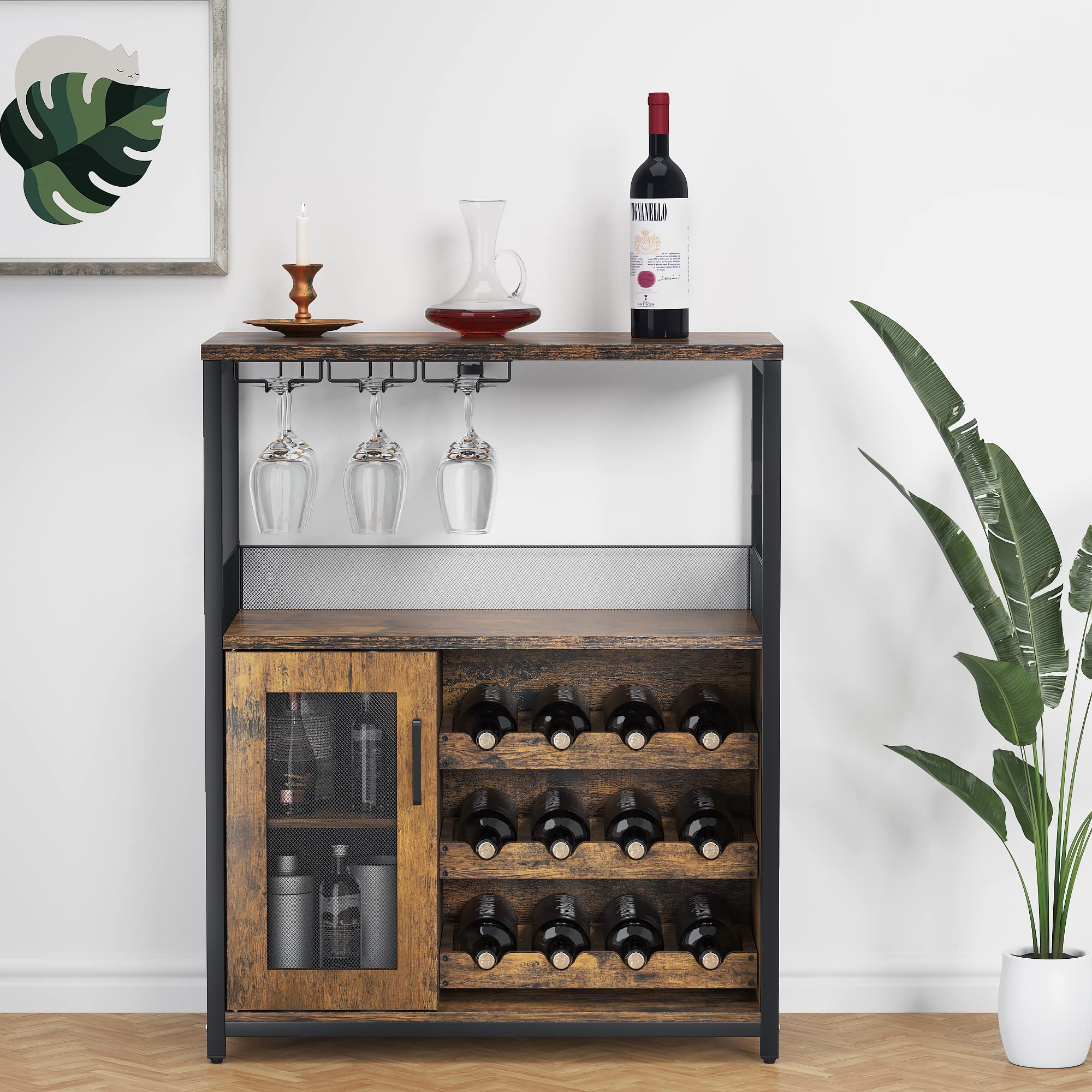 Rustic Brown Wine Bar Cabinet with Detachable Wine Rack - Industrial Coffee Bar Sideboard with Storage | Farmhouse Buffet Cabinet for Kitchen, Dining & Living Room | Perfect for Home Bars, Entertaining & Wine Storage