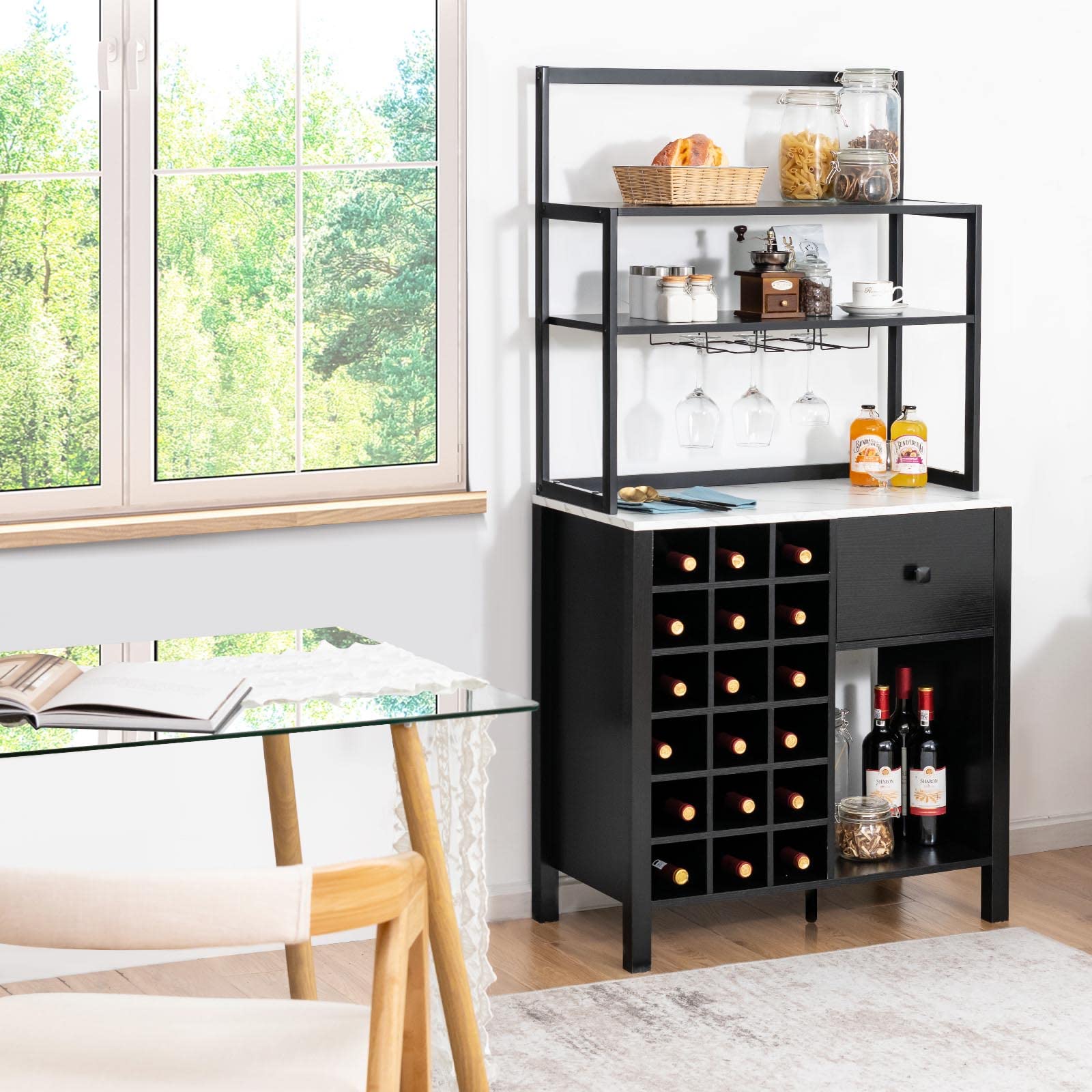 Giantex Sideboard with Hutch Shelf - Wood Buffet Wine Cabinet for 18 Bottles, 4-Tier Bakers Rack with Drawer & Glass Holder - Kitchen Microwave Stand, Living Room Storage Organizer in Black | Perfect for Dining Room, Bar, and Home Entertainment Setup