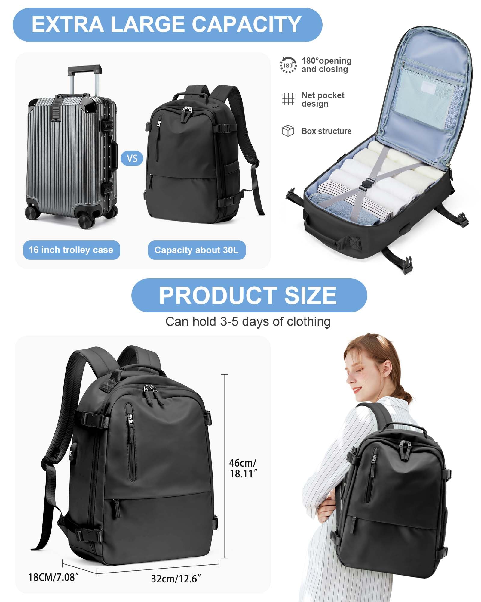 Lightweight Travel Backpack for Women & Men - TSA Approved Carry On Backpack with USB Charger, Water Resistant Daypack for Hiking, Business & Airplane Use - Perfect for Commuting, College & Weekend Getaways