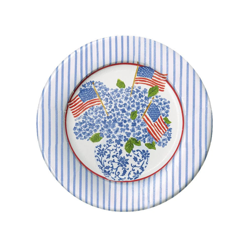 Flags & Hydrangeas Paper Plates - Elegant Disposable Salad & Dessert Plates for Parties, Picnics, and Outdoor Events