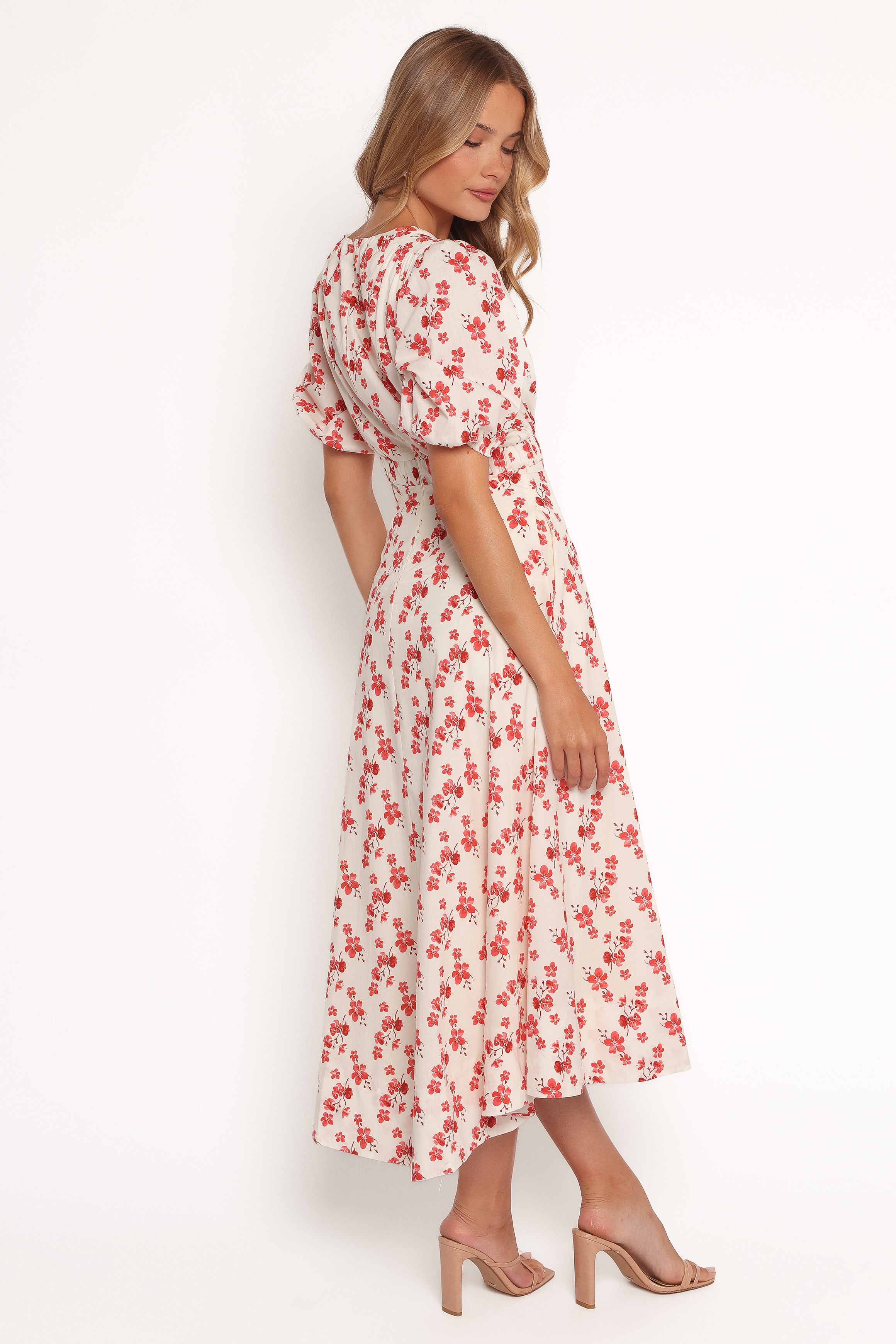 Aminah Women's Puff Sleeve Floral Dress - Red Summer Midi Dress with Ruffle Hem | Perfect for Weddings, Parties & Date Nights