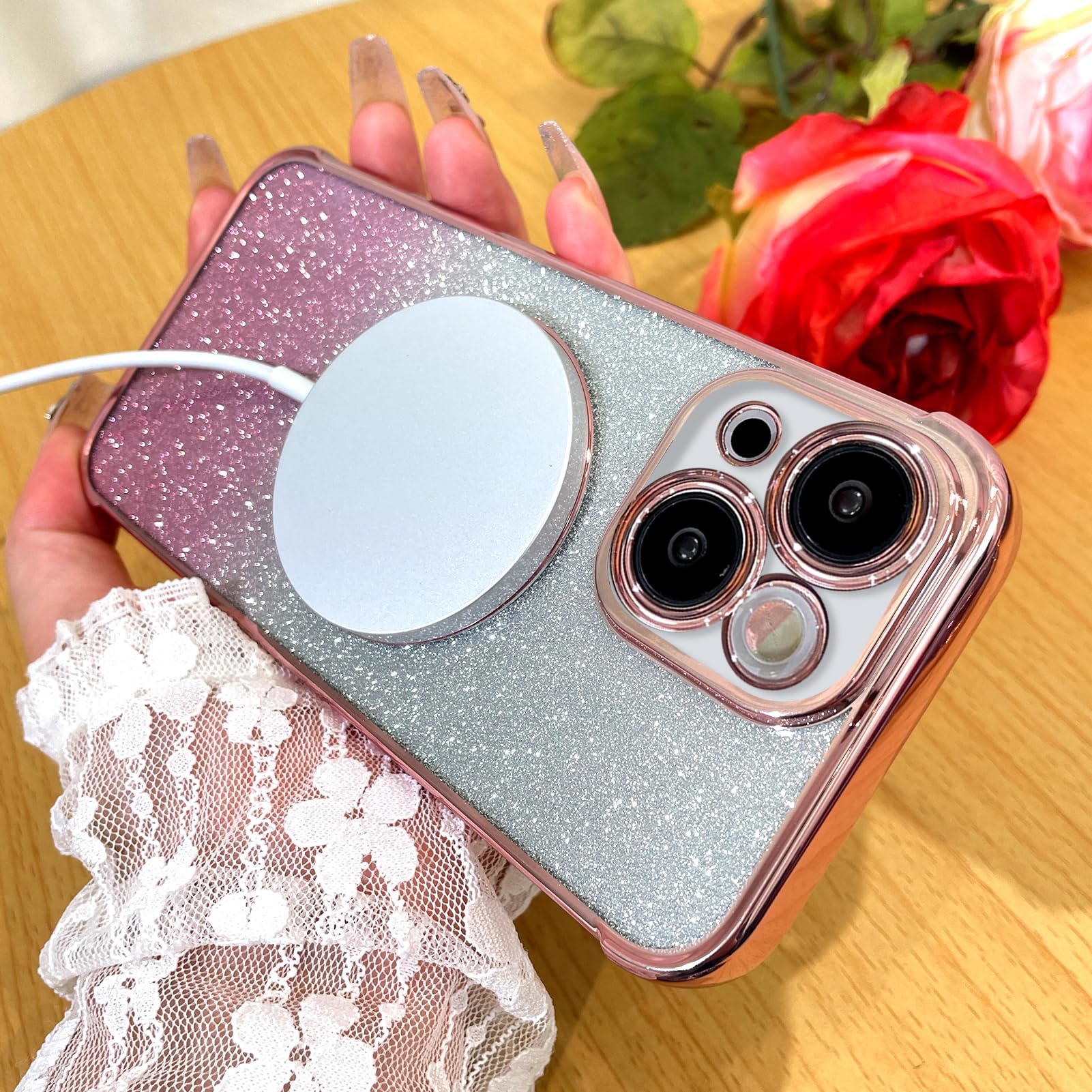 Bonoma Magnetic Glitter iPhone 15 Case [MagSafe Compatible] - Luxury Heart Pattern Bling Clear Cover with Camera Protection | Sparkly Slim Soft Back Case for Women & Girls (Pink) | Perfect for Everyday Use, Parties & Gift Giving