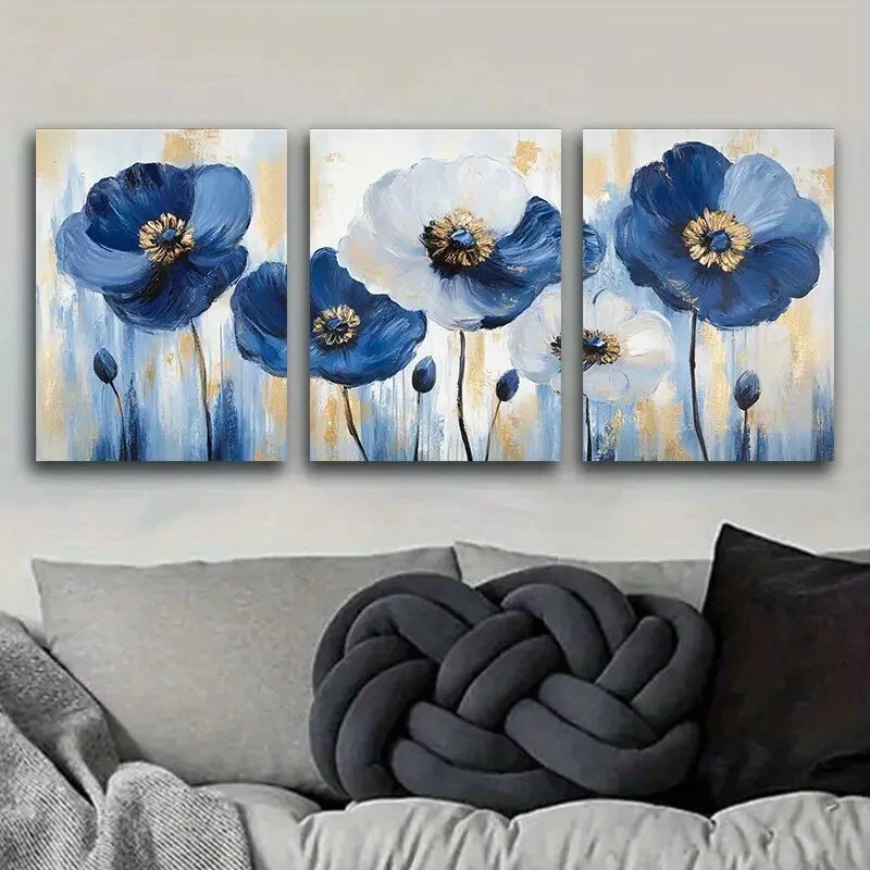 3-Piece Abstract Blue Poppies Metal Wall Art - Ready to Hang Canvas Prints for Living Room, Bedroom & Office Decor