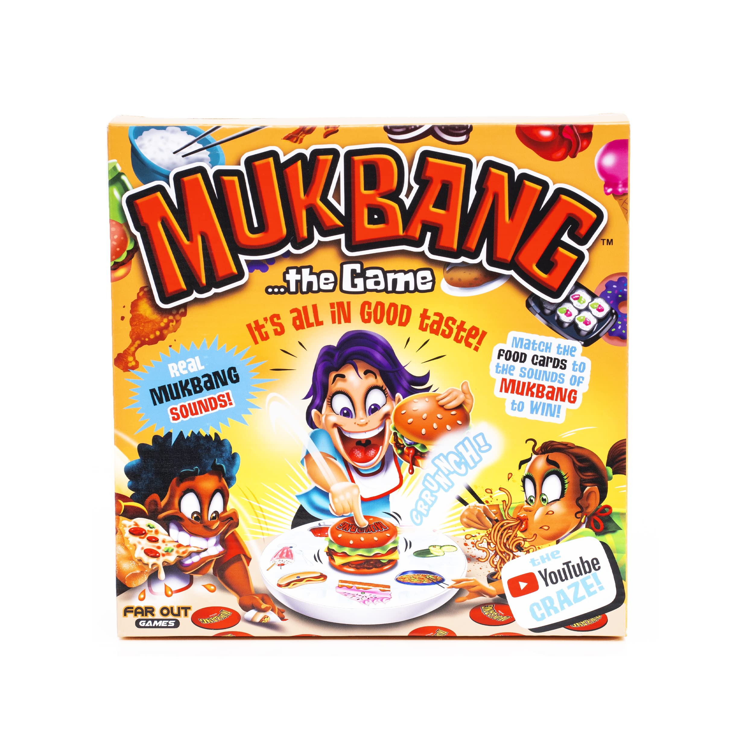Far Out Toys MUKBANG Electronic Food Sound Memory Game - Match 35 Food Cards to Mukbang Sounds (Slurp, Crunch, Belch) - Fun Family Game for Parties & Indoor Activities