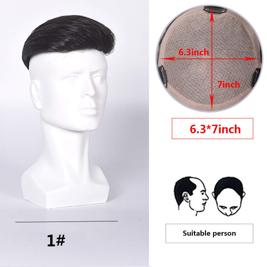 Premium Human Hair Toupee for Men - Natural Black Clip-in Hair Topper (6.3
