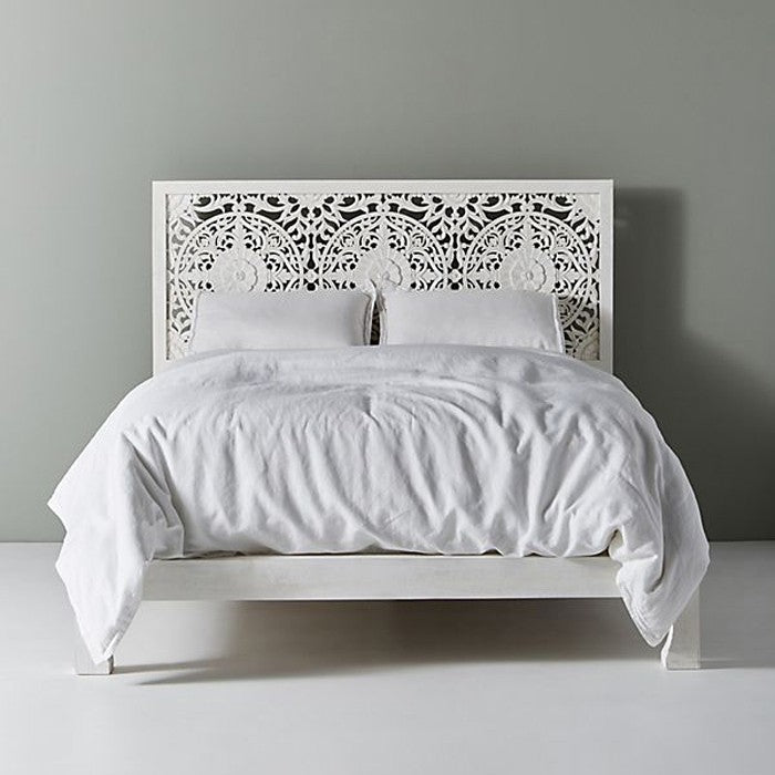 Hand Carved Indian Wooden Bed Frame - Dynasty Low Line Style in White | Solid Wood Platform Bed for Master Bedroom, Guest Room & Bohemian Decor