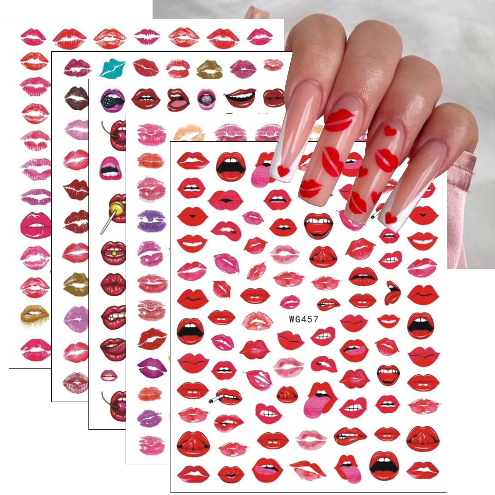 Valentine's Day 3D Self-Adhesive Nail Art Stickers - Rose Heart & Red Lips Design, 5 Sheets Fashion Nail Decals for Women | Perfect for Valentine's Gifts, Date Nights, Bridal Showers & Nail Salon Decorations