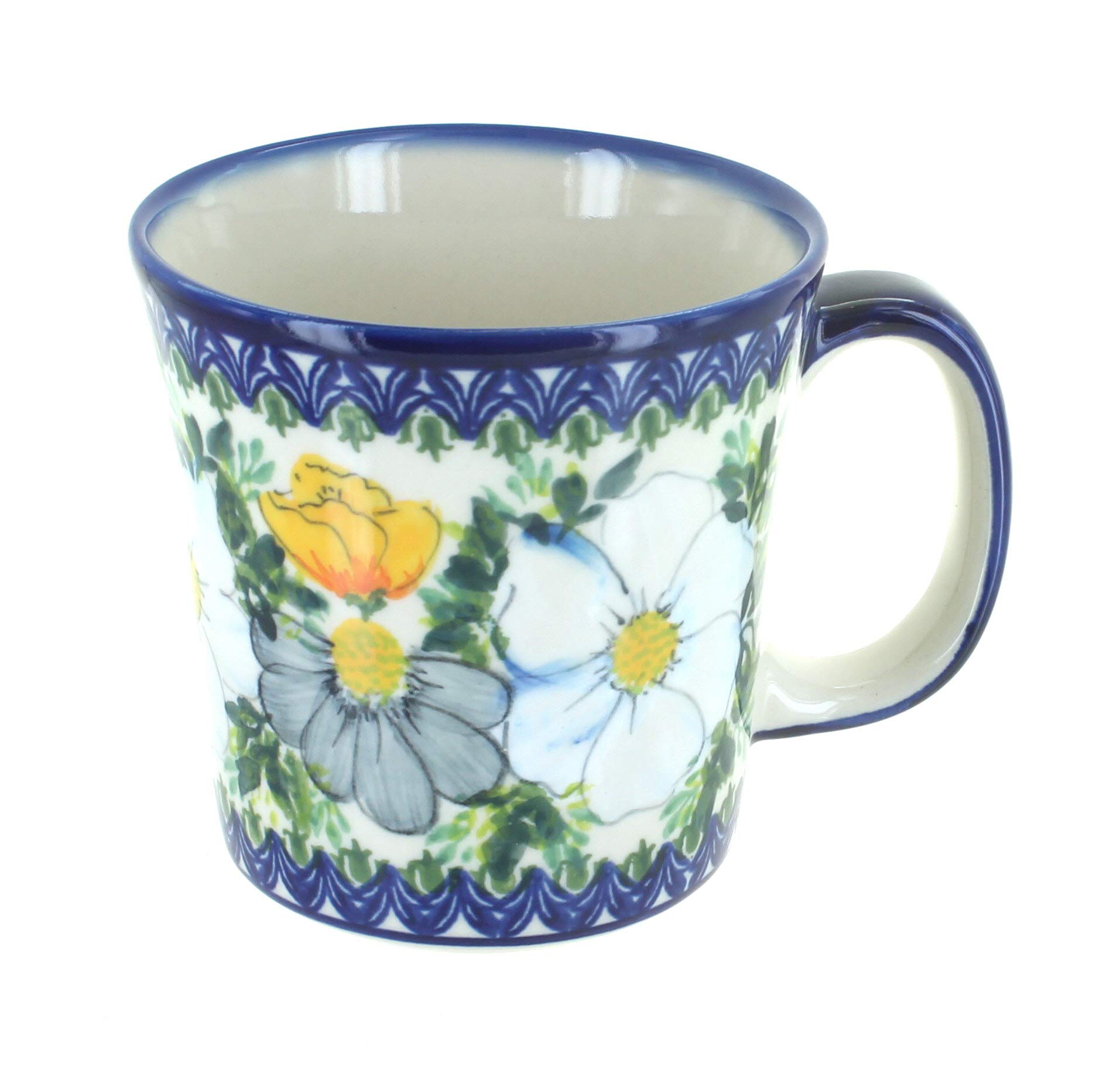 Handmade Blue Rose Polish Pottery Goldfinch Coffee Mug - Elegant Ceramic Tea Cup for Home, Office & Gifts - Perfect for Morning Coffee, Afternoon Tea & Collectors