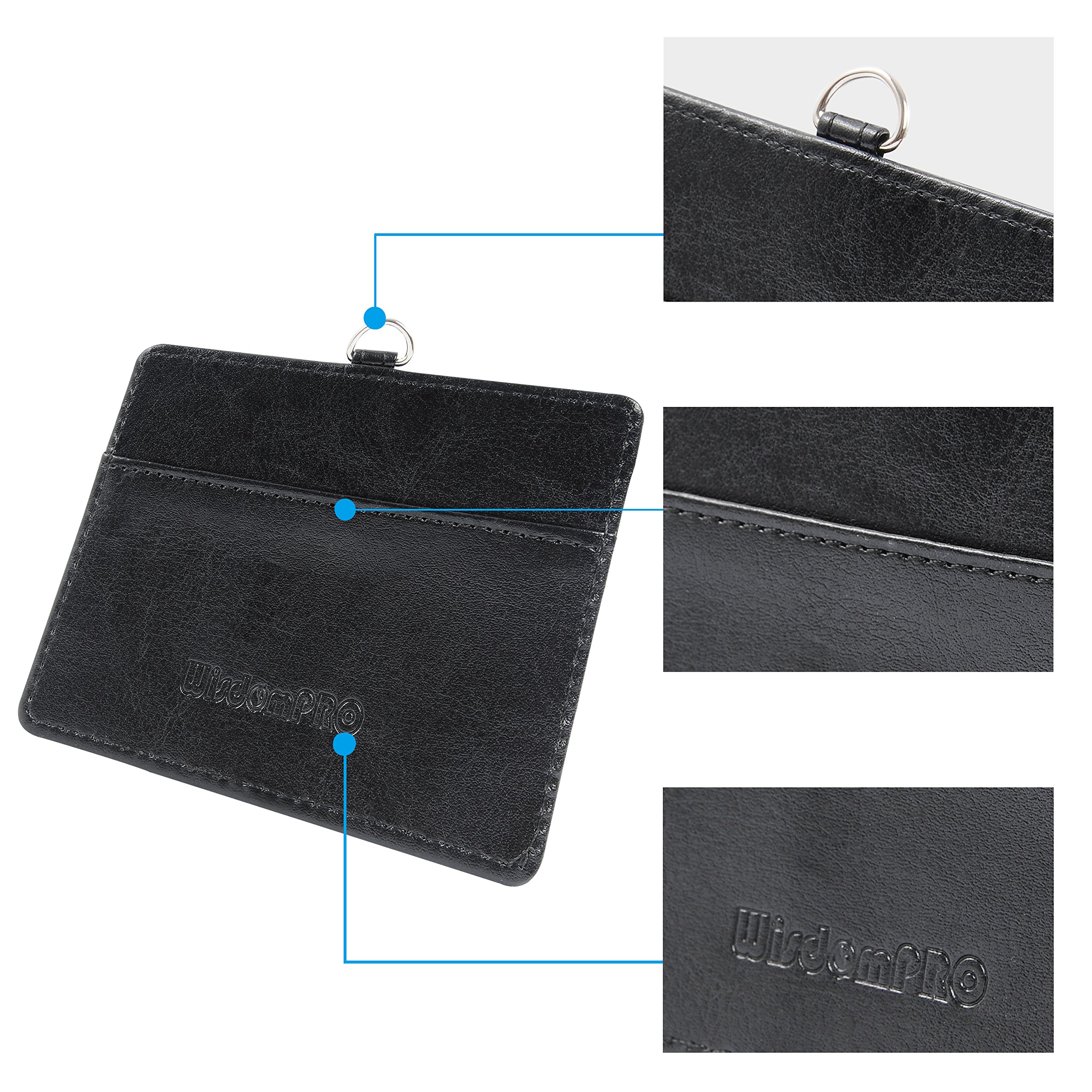 Wisdompro 2-Sided Horizontal PU Leather ID Badge Holder with Retractable Keychain - 2 Card Slots for Work ID, School ID, Metro & Access Cards (Black) - Perfect for Office, Campus, Commuting & Security Access