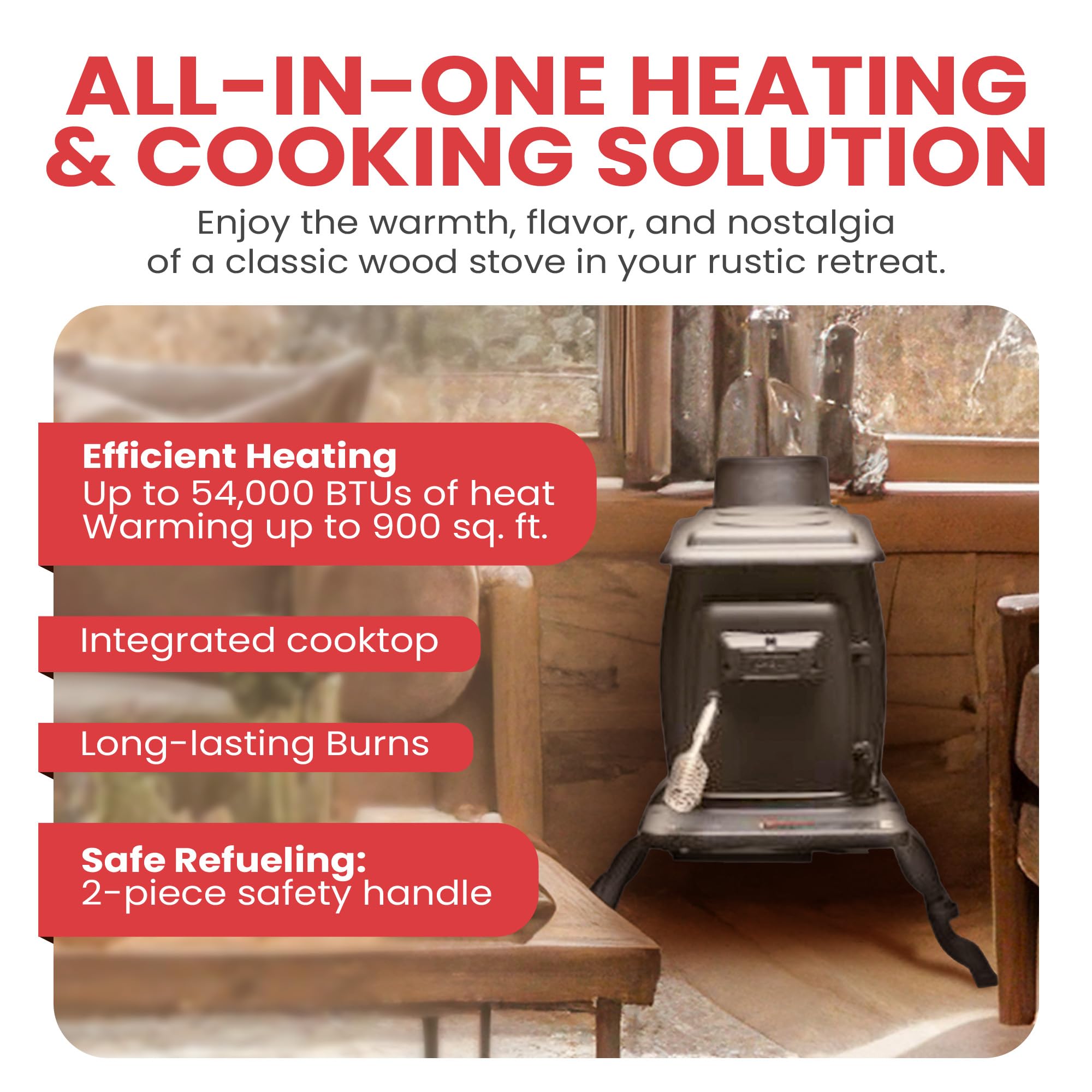 US Stove Company Cast Iron Wood Stove with Cool-Touch Safety Handle - 54,000 BTU High-Efficiency Heater for Cabins, Homes & Outdoor Use