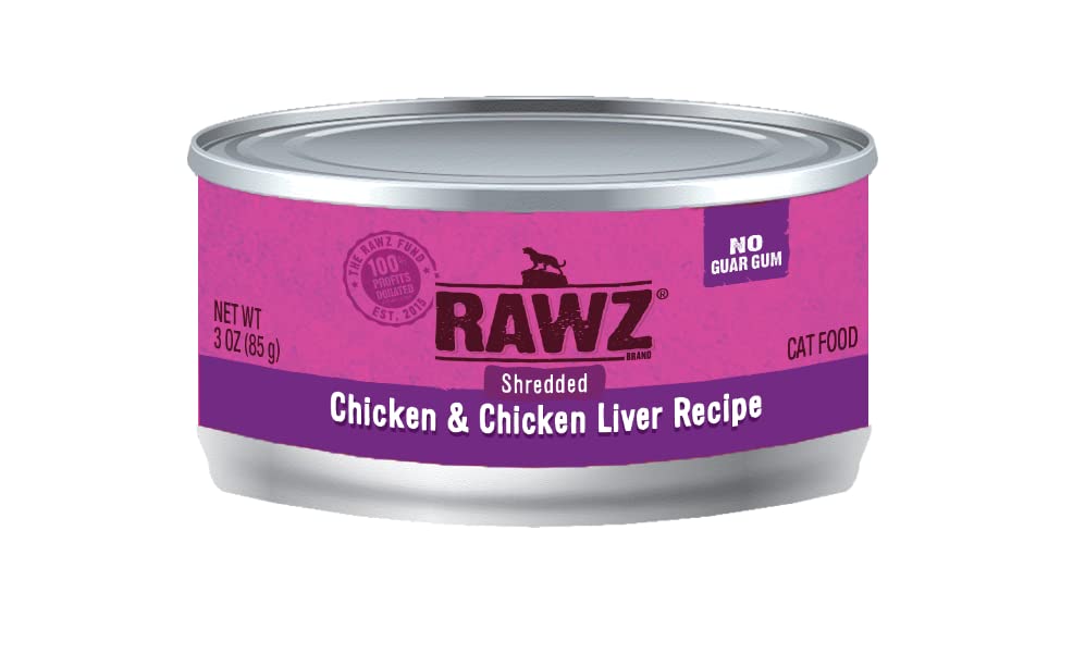Rawz Natural Premium Canned Cat Wet Food Shredded - 12 Pack Variety (4 Flavors: Tuna & Salmon, Chicken & Liver, Tuna & Chicken, Chicken) - 3oz Cans with Yow Pet Lid - Grain-Free High Protein Meal for Indoor & Outdoor Cats - Perfect for Travel & Daily Feeding