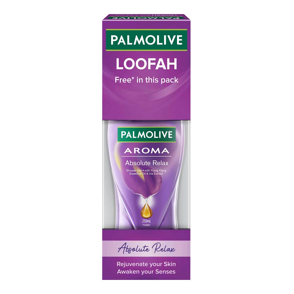 Palmolive Iris Flower & Ylang Ylang Essential Oil Body Wash - Moisturizing, pH Balanced, Paraben & Silicone Free (250ml) for Soft & Youthful Skin | Relaxing Aromatherapy Shower with Free Loofah | Perfect for Spa Nights & Stress Relief