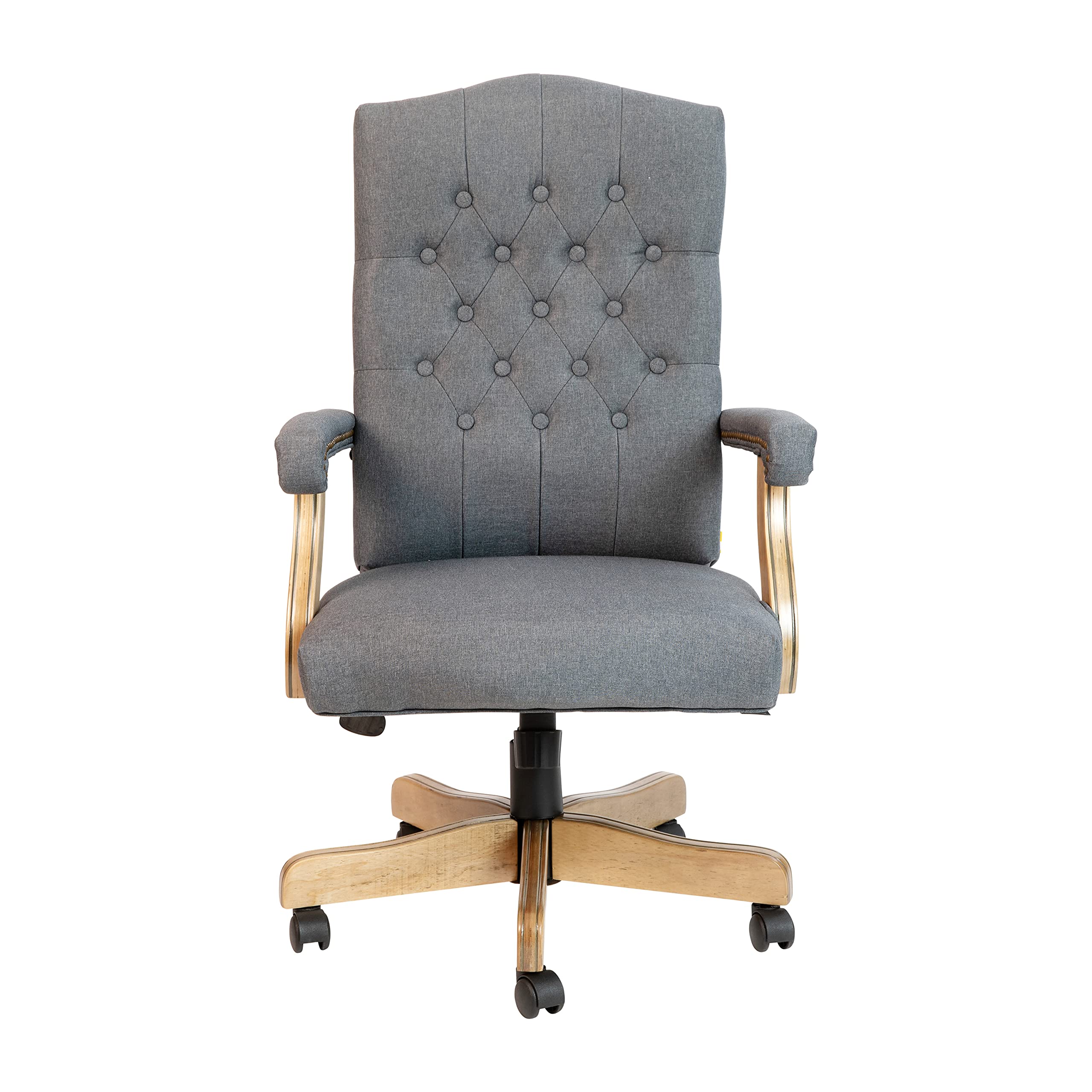 Ergonomic Gray Fabric Tufted Swivel Office Chair with Driftwood Base - Comfortable Traditional Desk Chair for Home Office, Study & Workspace - Adjustable Height & 360° Rotation for Productivity