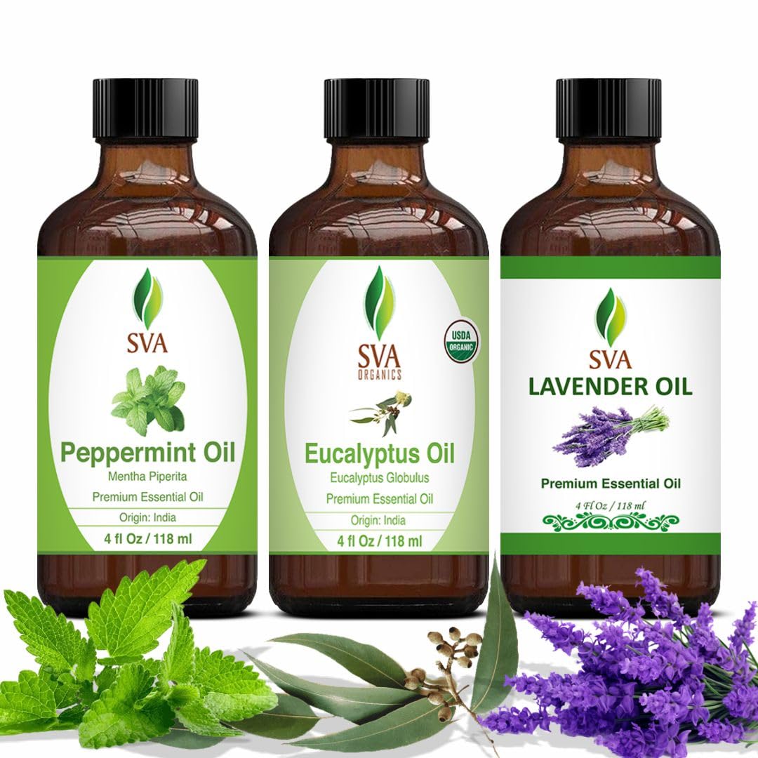 **Premium Peppermint, Lavender & Eucalyptus Essential Oil Set - 4oz Bundle for Aromatherapy, Scalp Massage, Hair & Skin Care - Relaxation, Stress Relief & Home Spa Use**