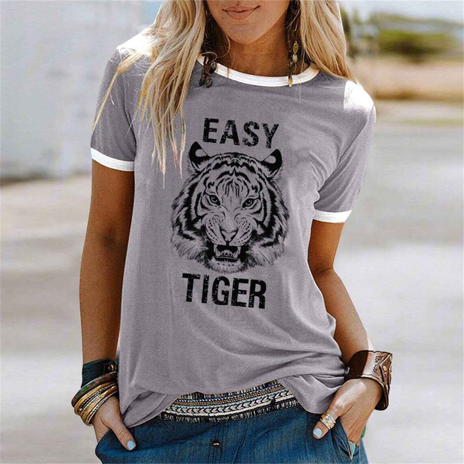 Easy Tiger Women's Graphic Tee - Animal Tiger Print Patchwork Short Sleeve T-Shirt | Country Music Inspired White Top for Casual Wear & Concerts